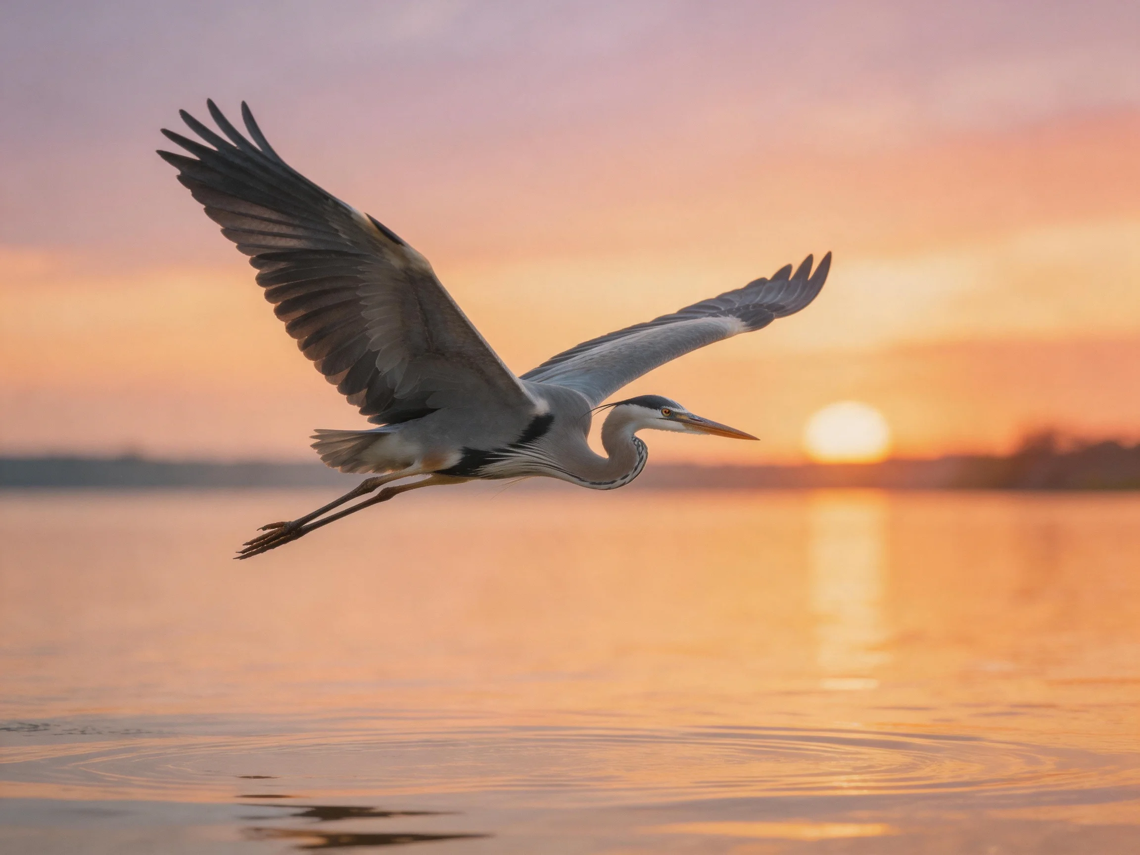 A gray heron flies over calm waters at sunset