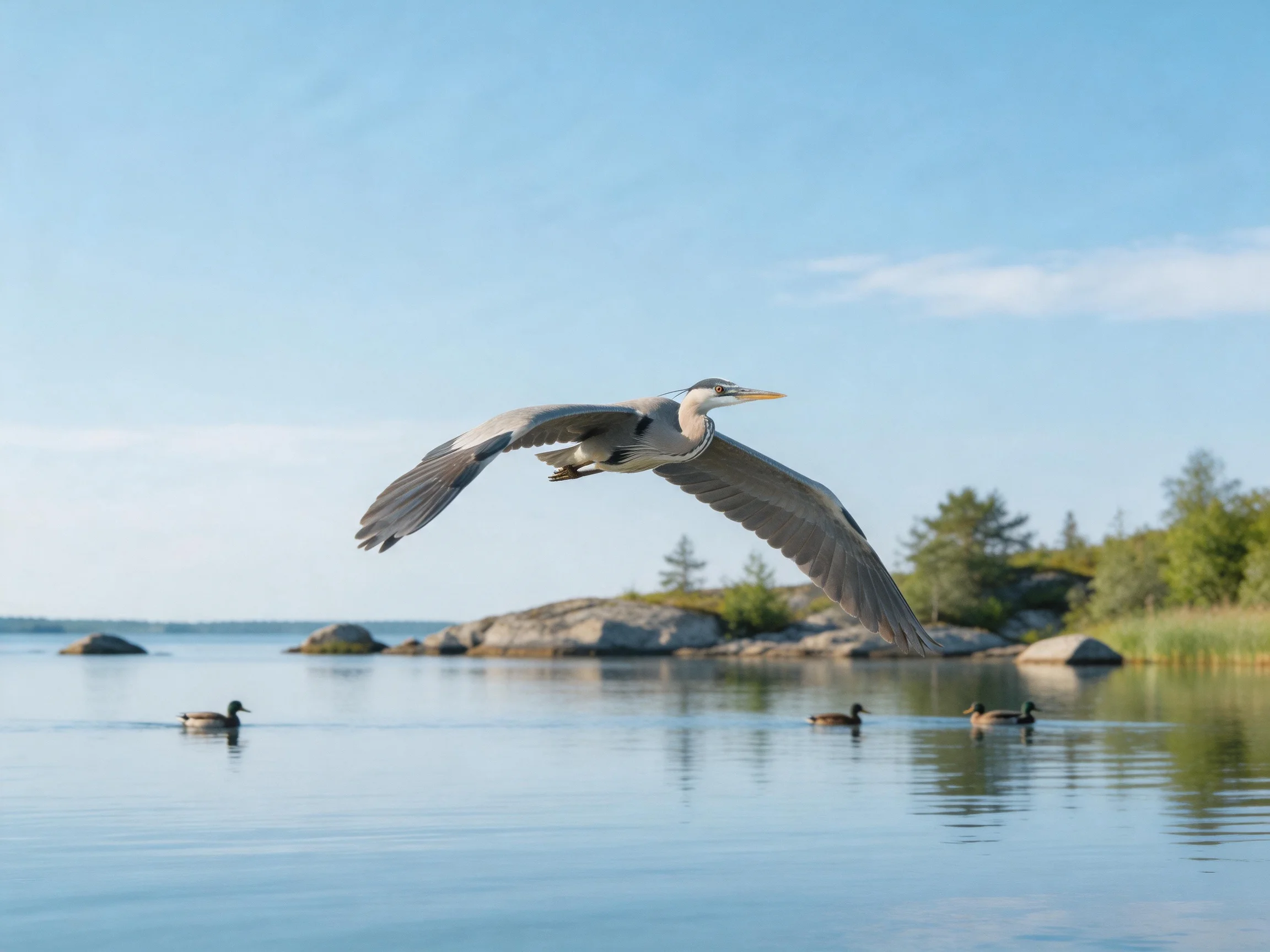A gray heron glides over tranquil water with ducks and rocky shores