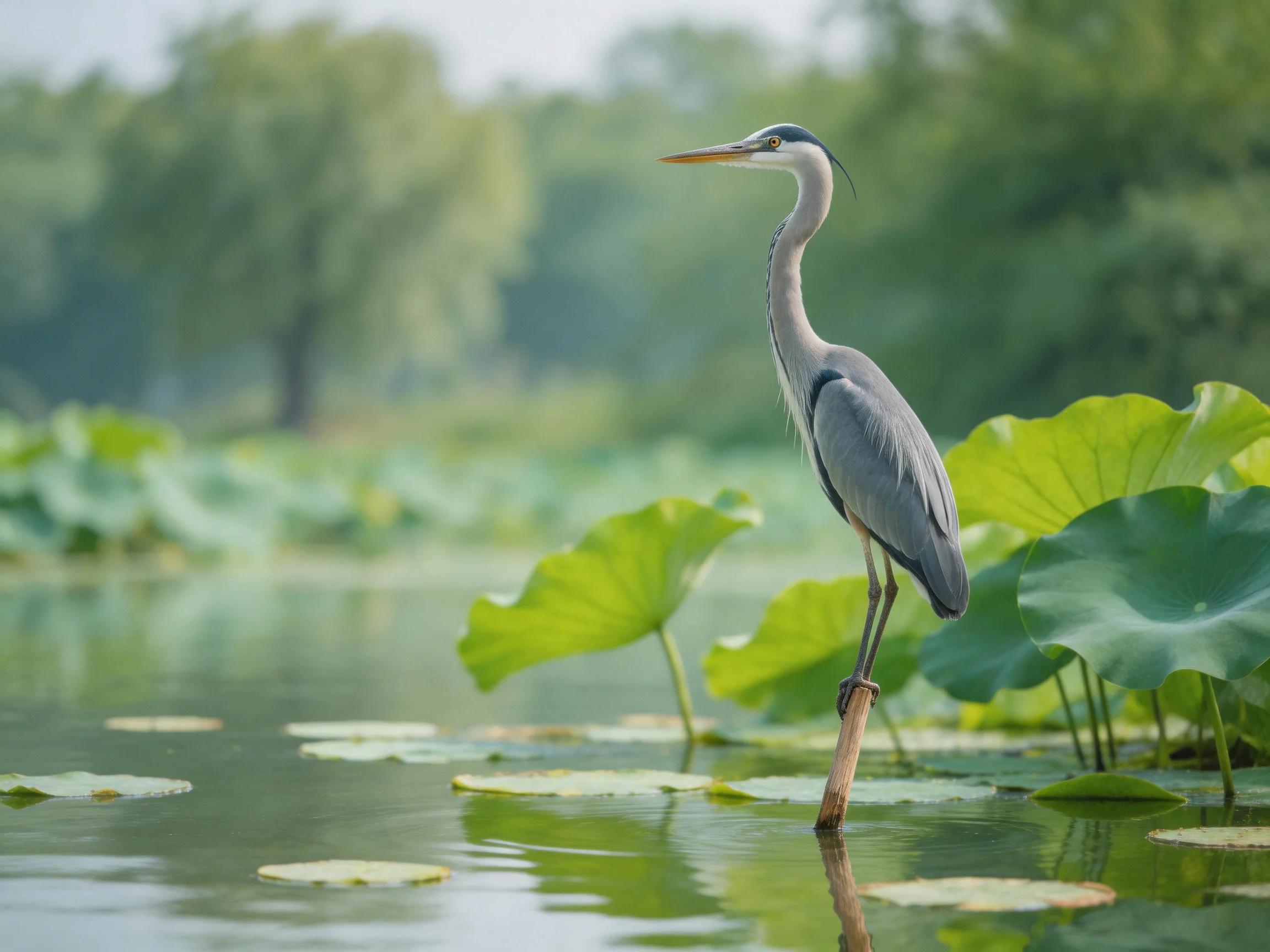 A gray heron perched on a branch amid large green lily pads