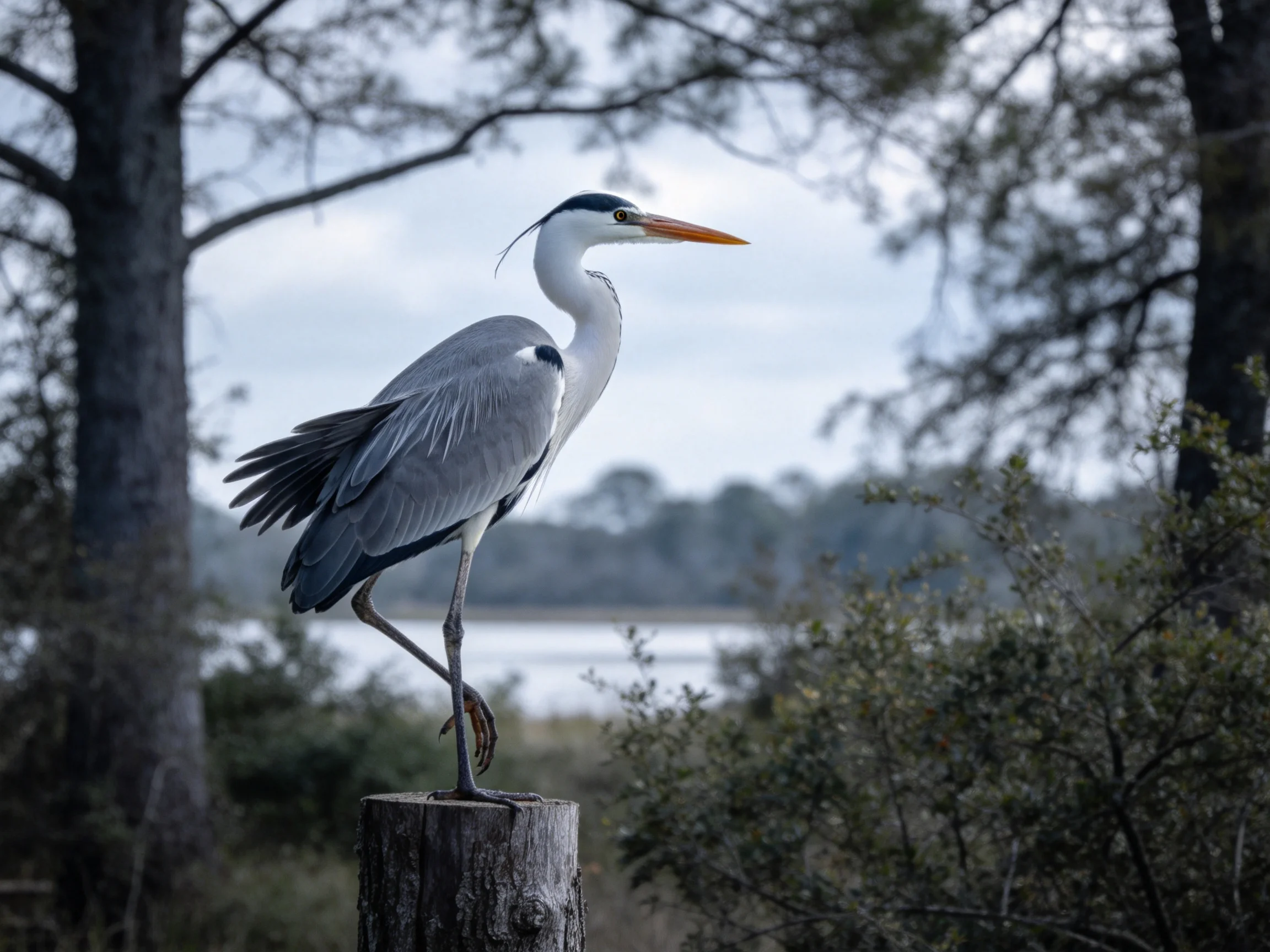 A gray heron perched on a wooden stump near trees and foliage