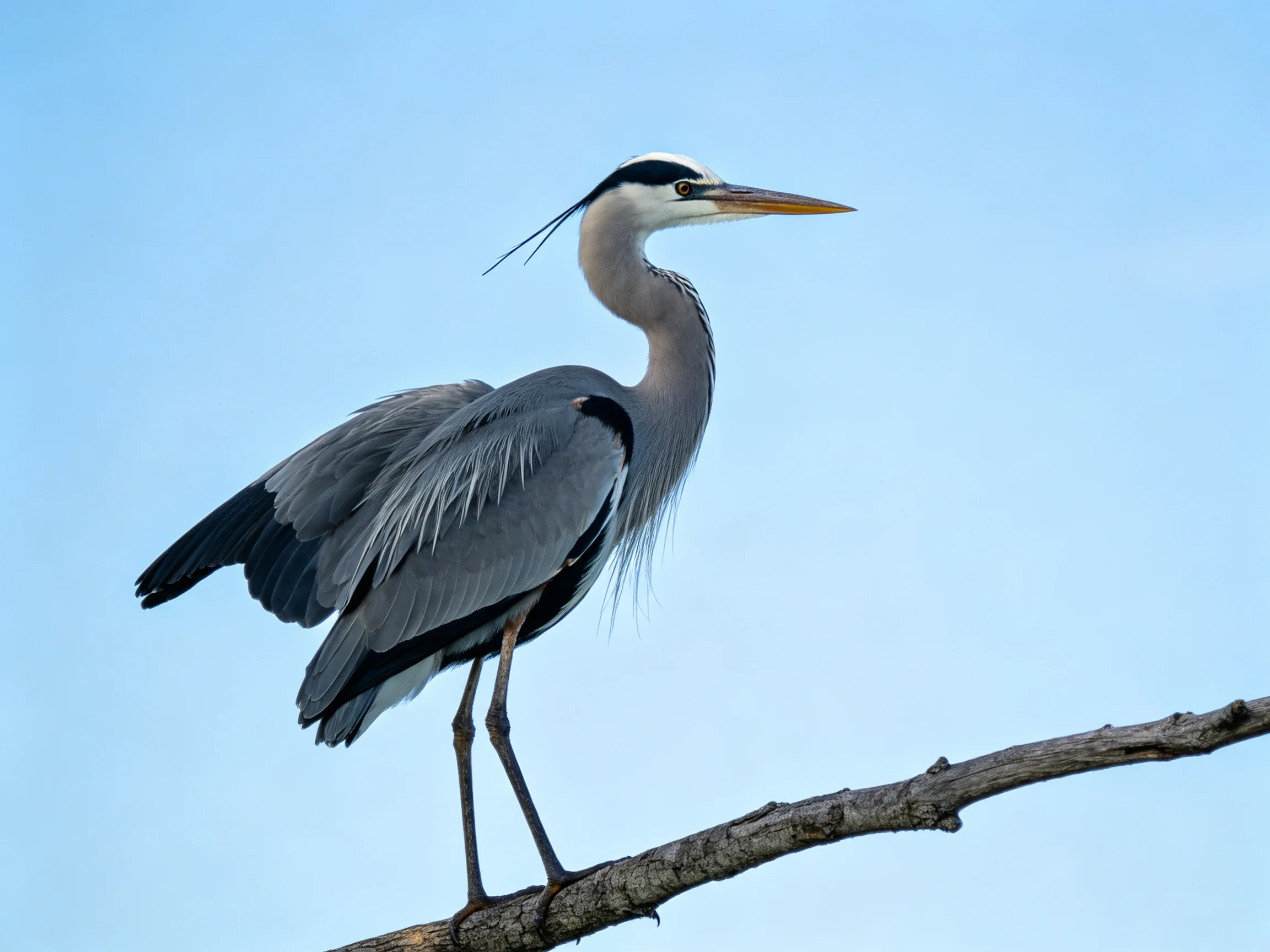A gray heron perches on a bare tree branch amid clear blue sky