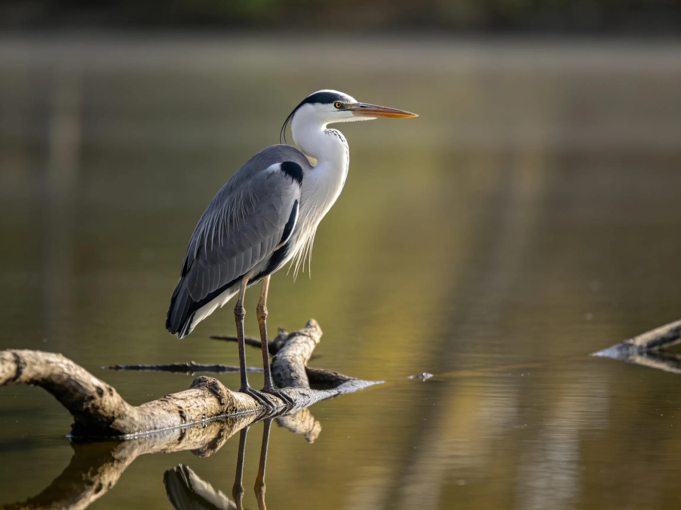 A gray heron perches on a branch over calm water