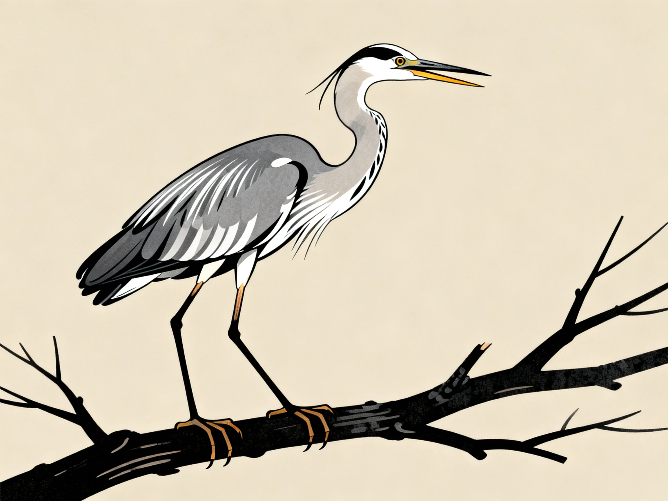 A gray heron perches on a dark bare tree branch
