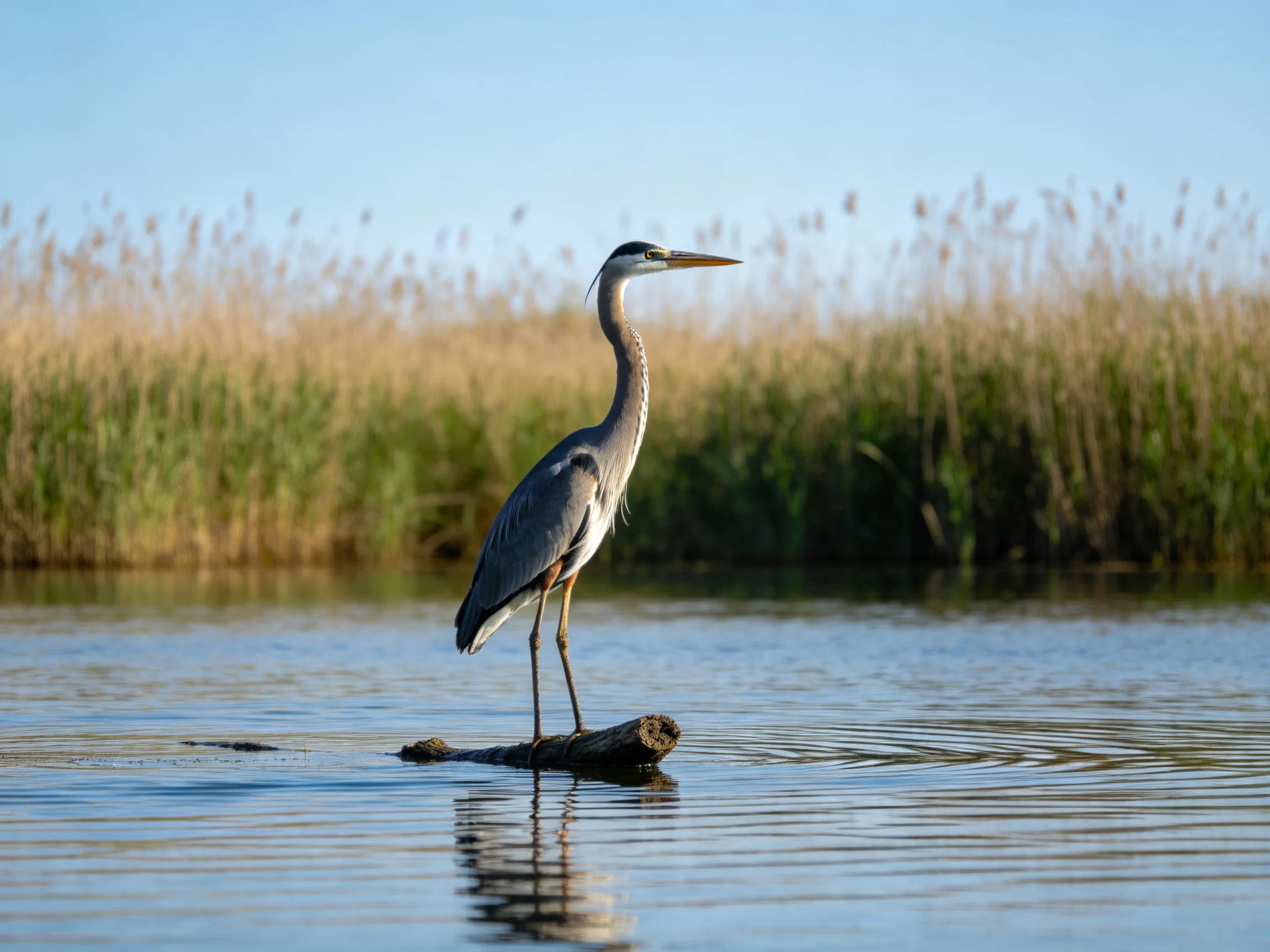 A gray heron perches on a log amid calm water with tall reeds