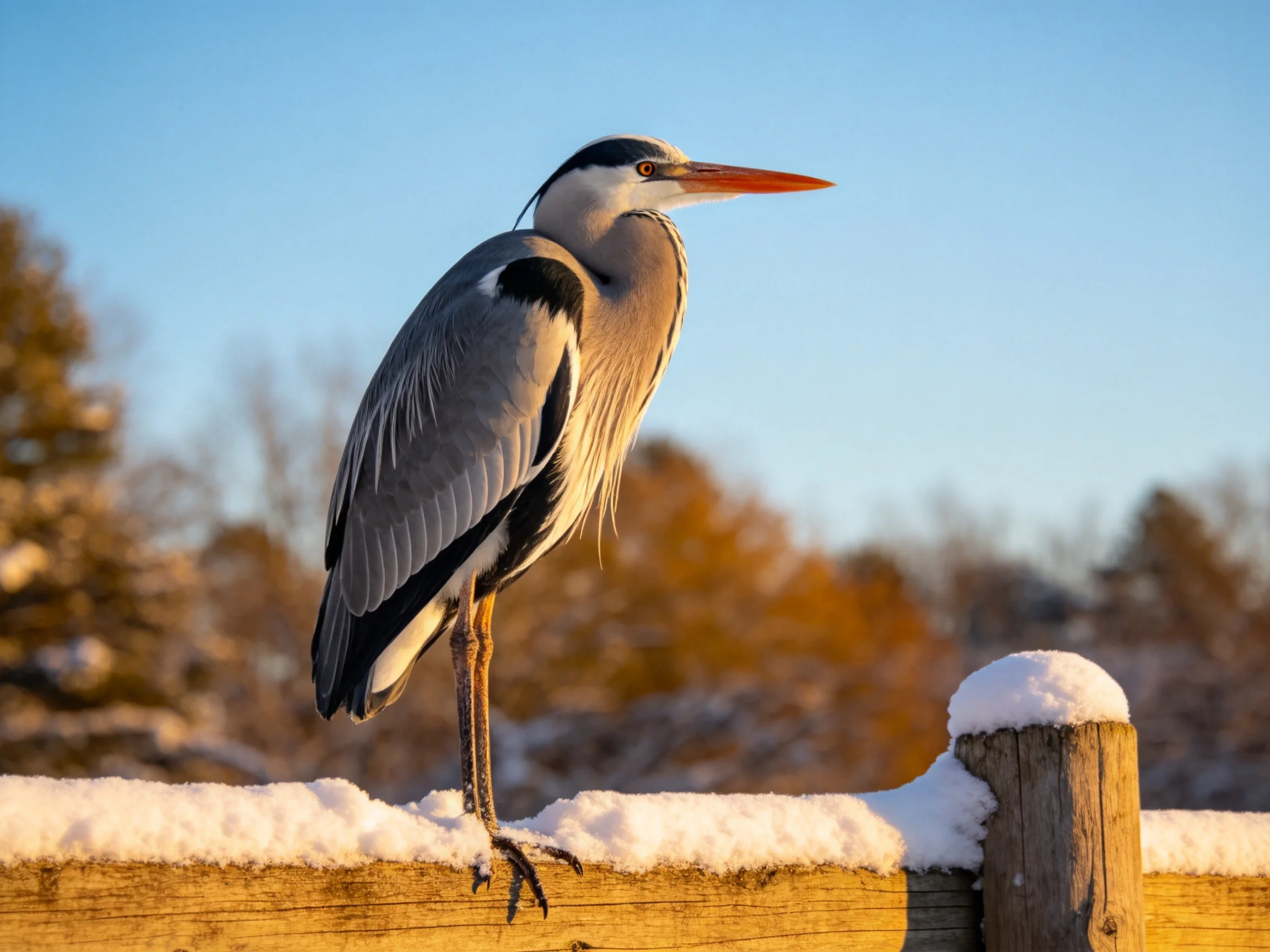 A gray heron perches on a snow-laden wooden fence under bright daylight.