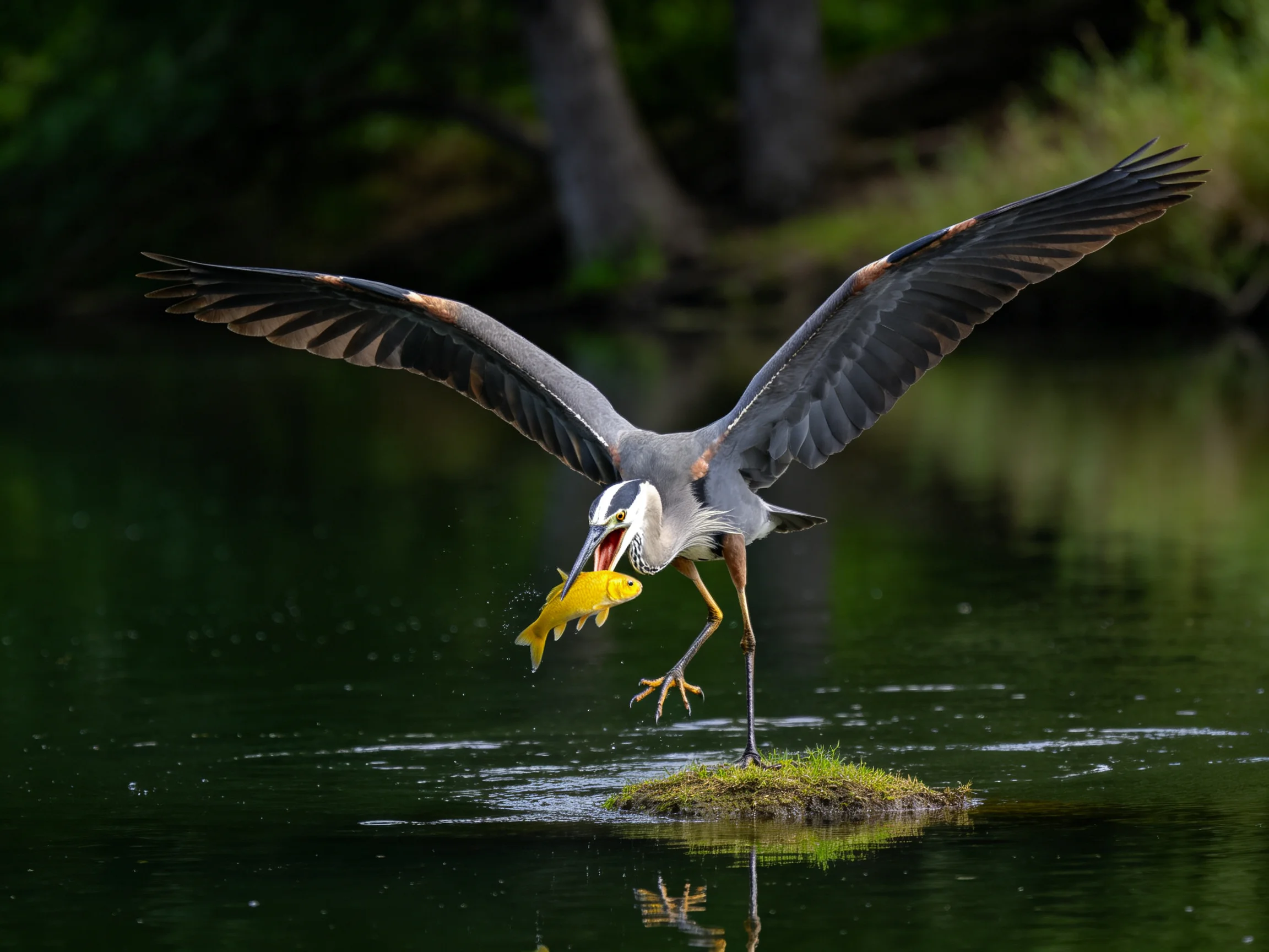 A gray heron seizes a bright yellow fish over calm waters