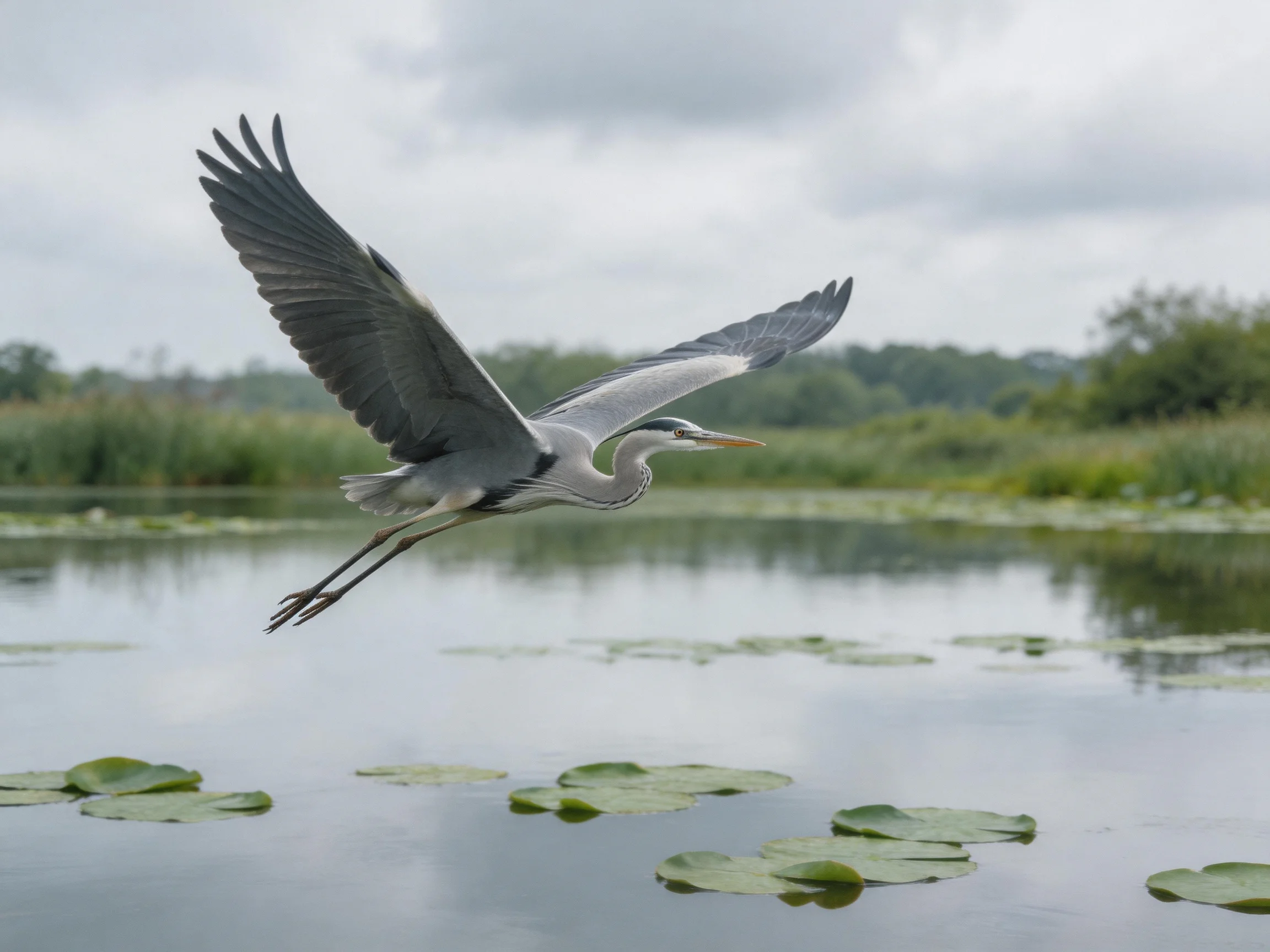 A gray heron soars over a pond with lily pads