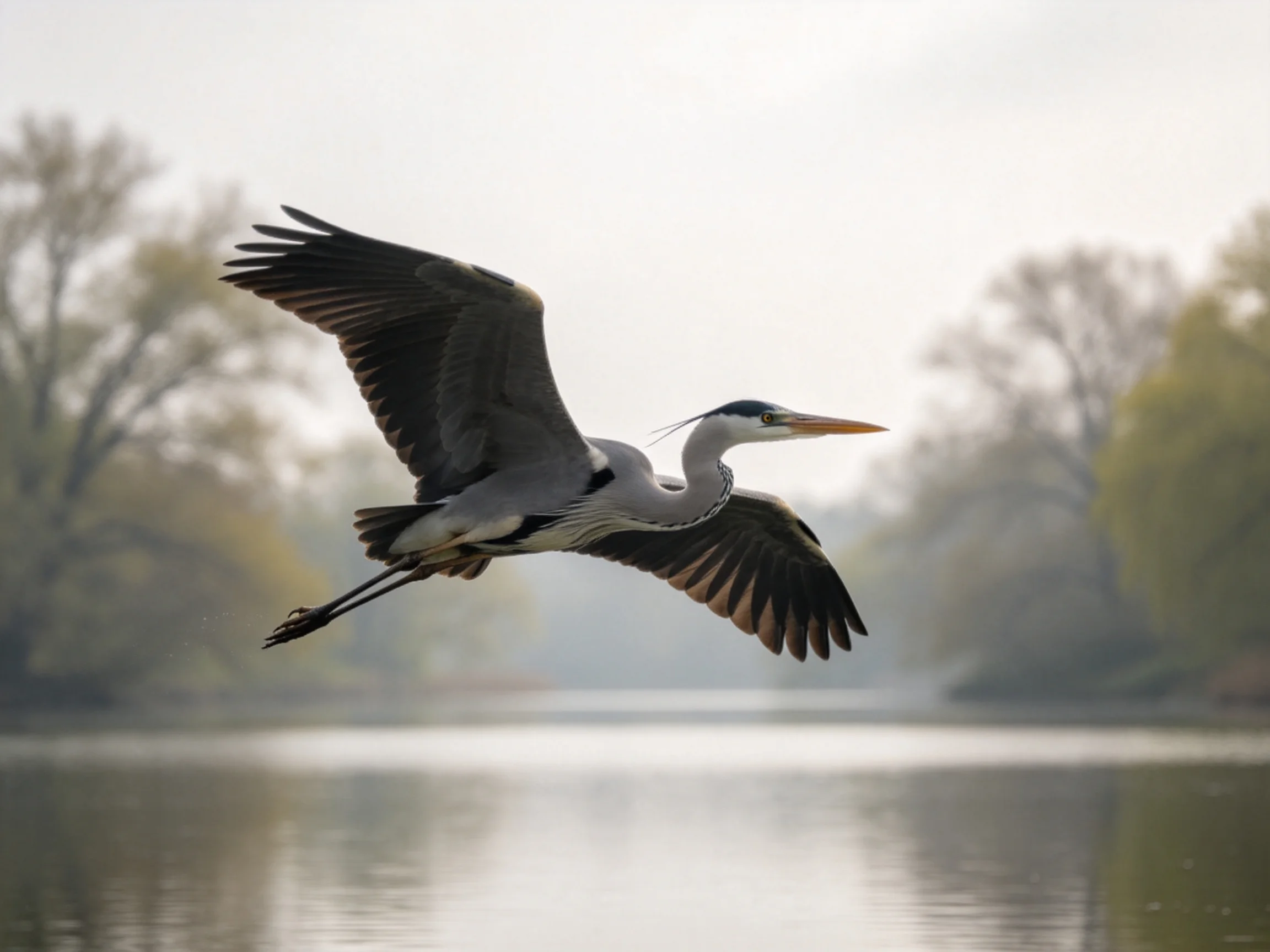 A gray heron soars over calm water near misty trees
