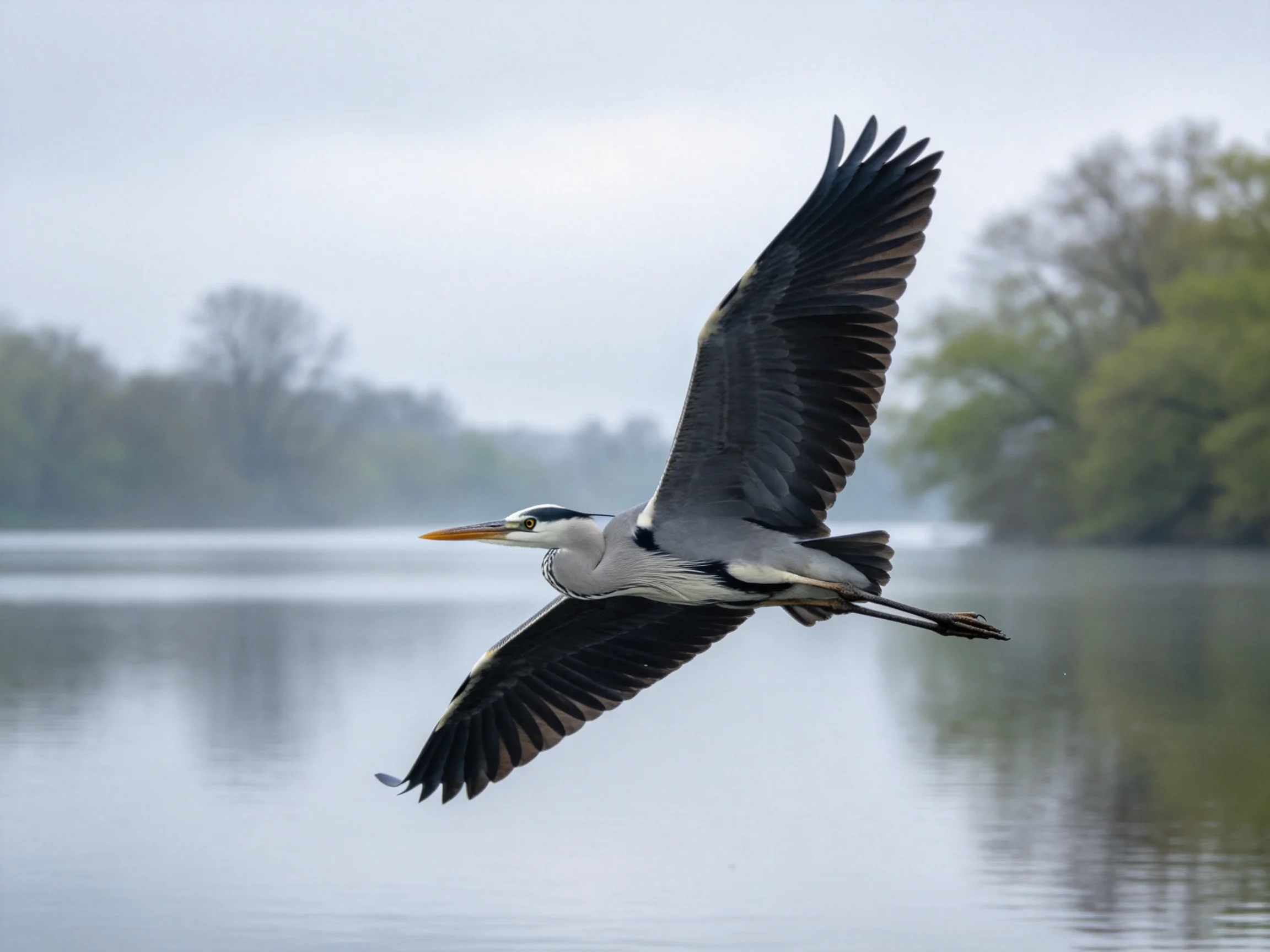 A gray heron soars over calm waters near green trees