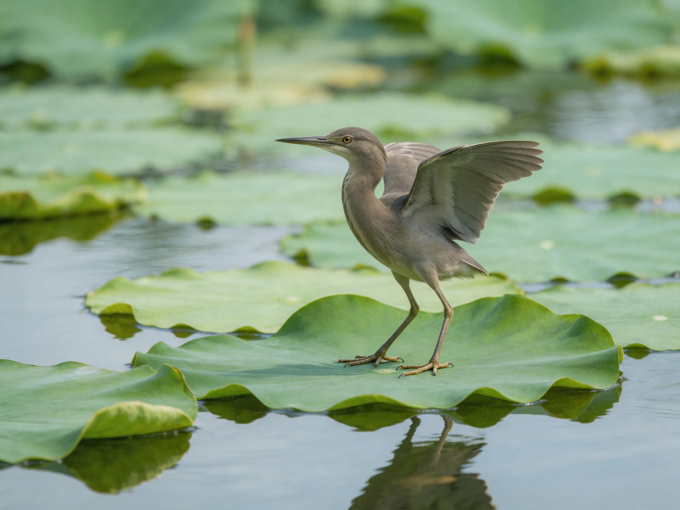 A gray heron spreading wings on large green lily pads