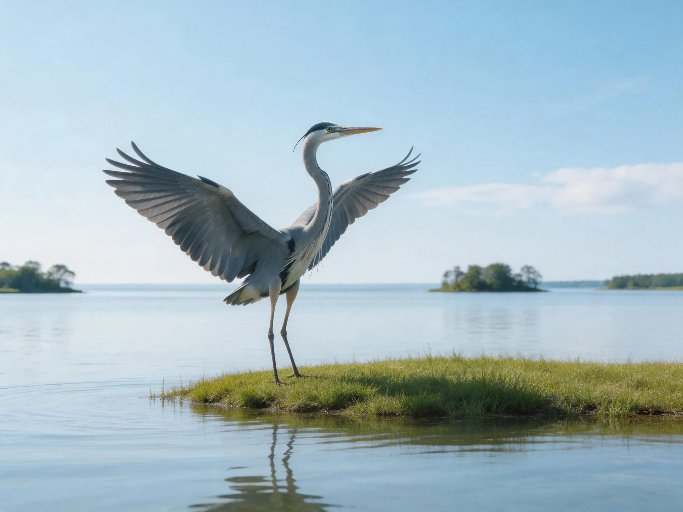 A gray heron spreads wings on a grassy wetland island