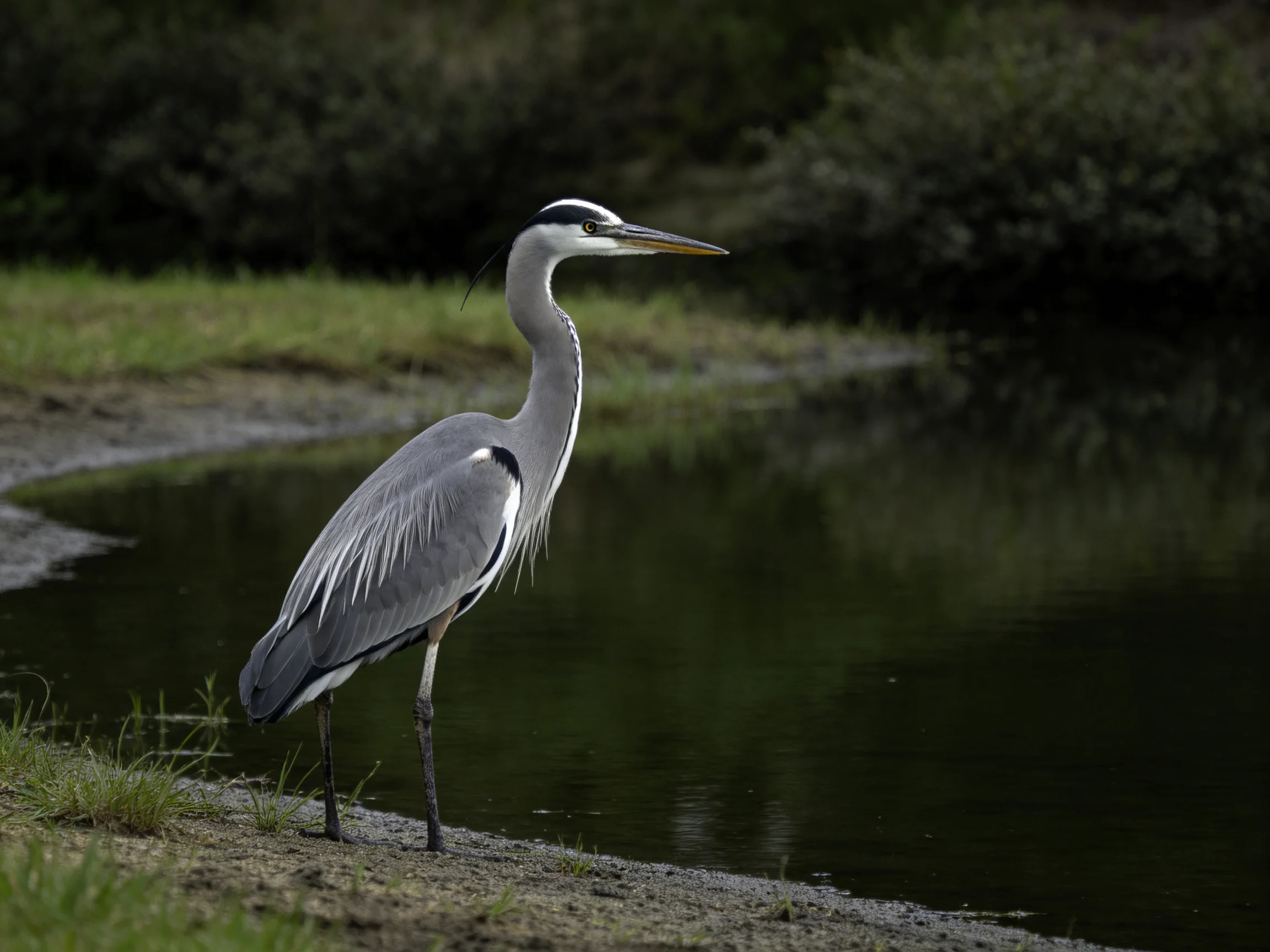 A gray heron standing by a calm pond with dark foliage