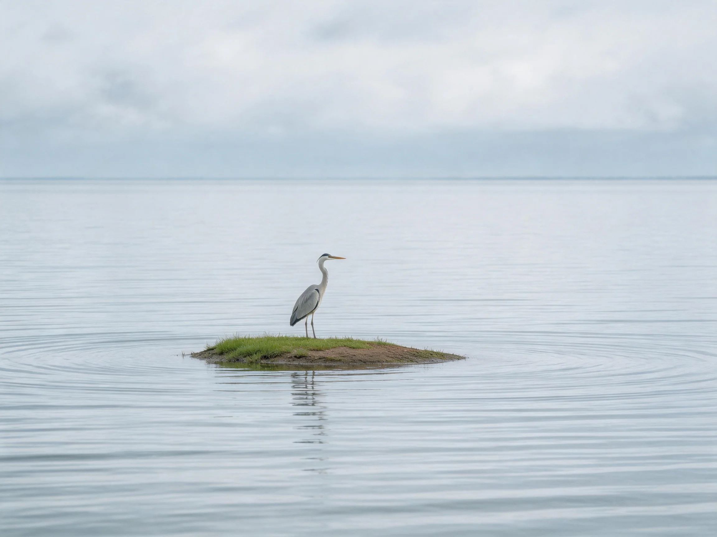 A gray heron stands alone on a small grassy island in calm waters