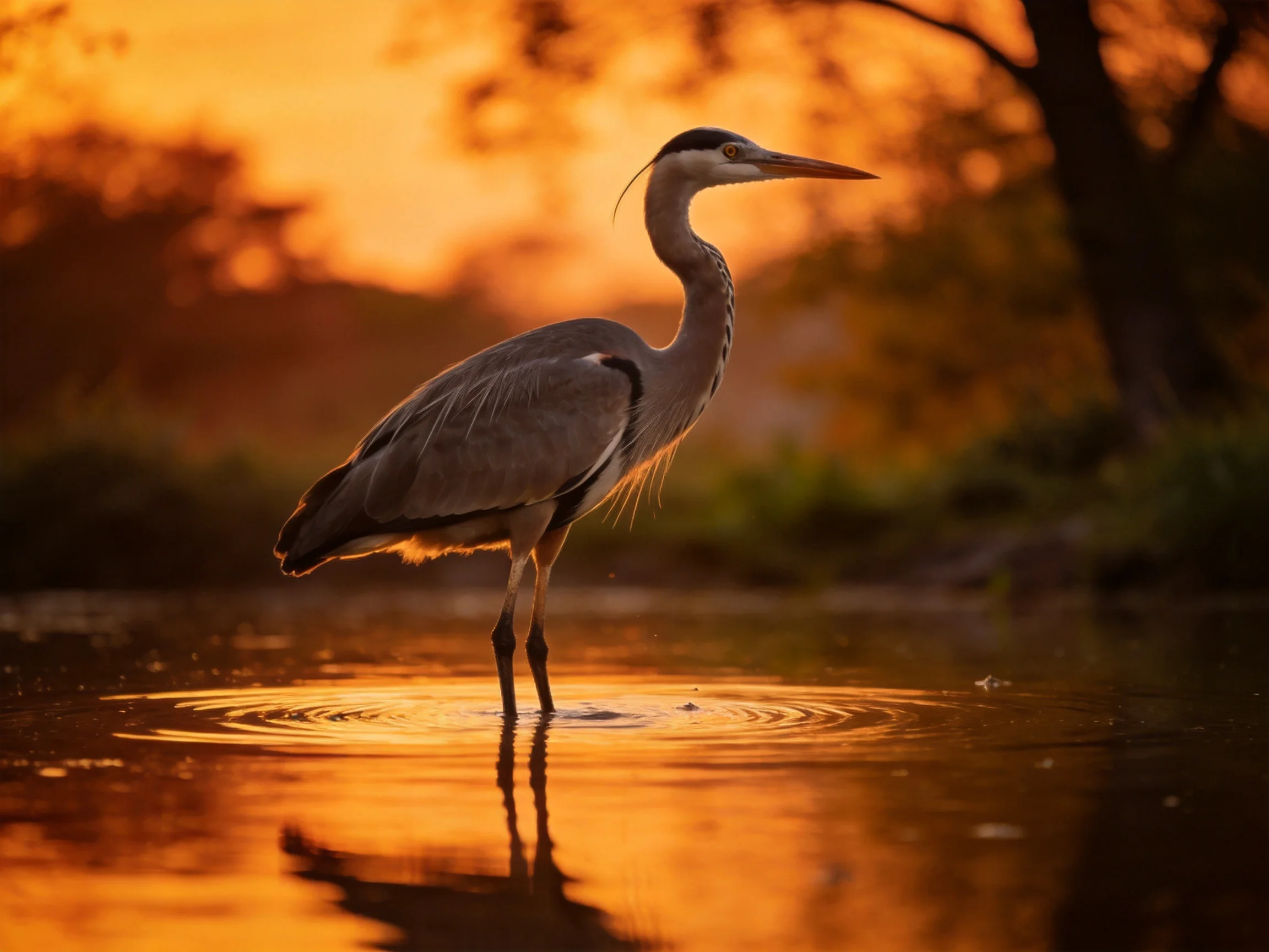 A gray heron stands in golden-hued water at sunset