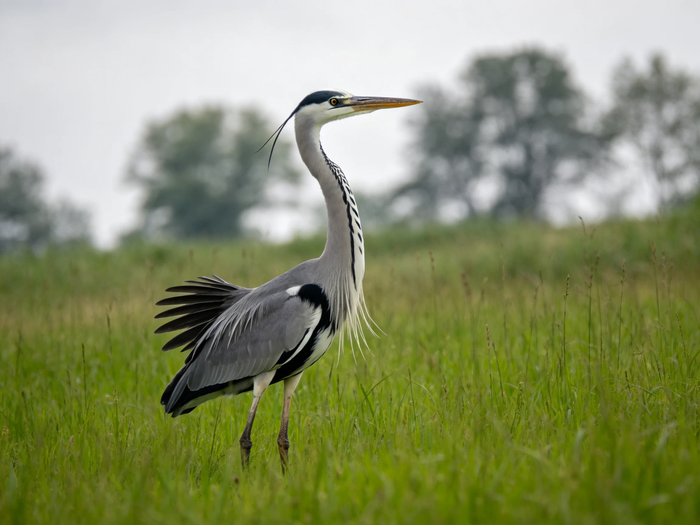 A gray heron stands in lush green grass near blurred trees