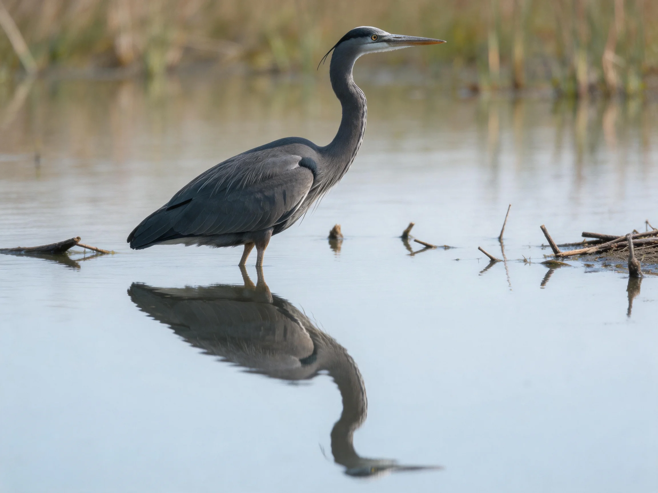 A gray heron stands in shallow water near reeds