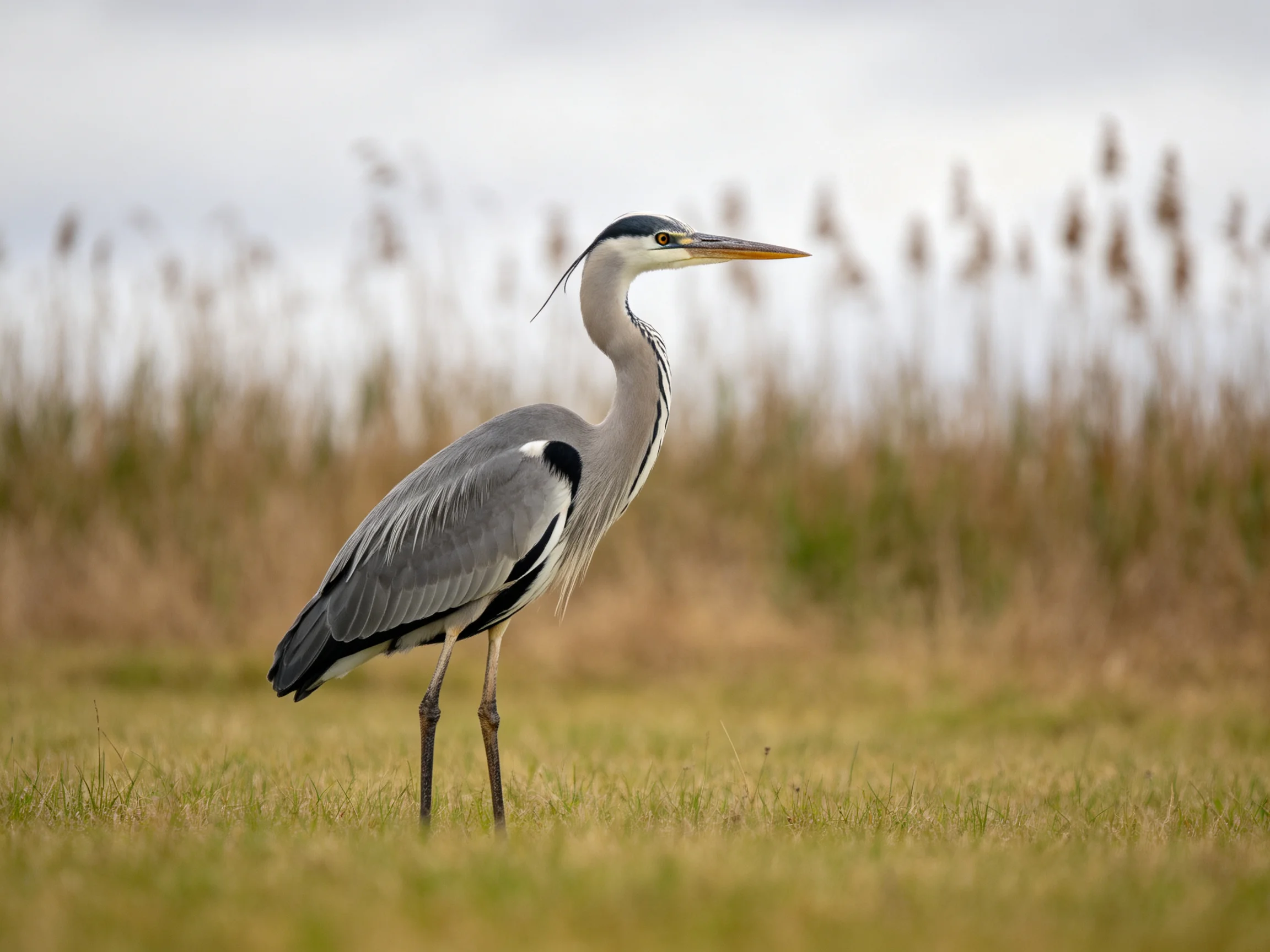 A gray heron stands in tall grass near blurred reeds.