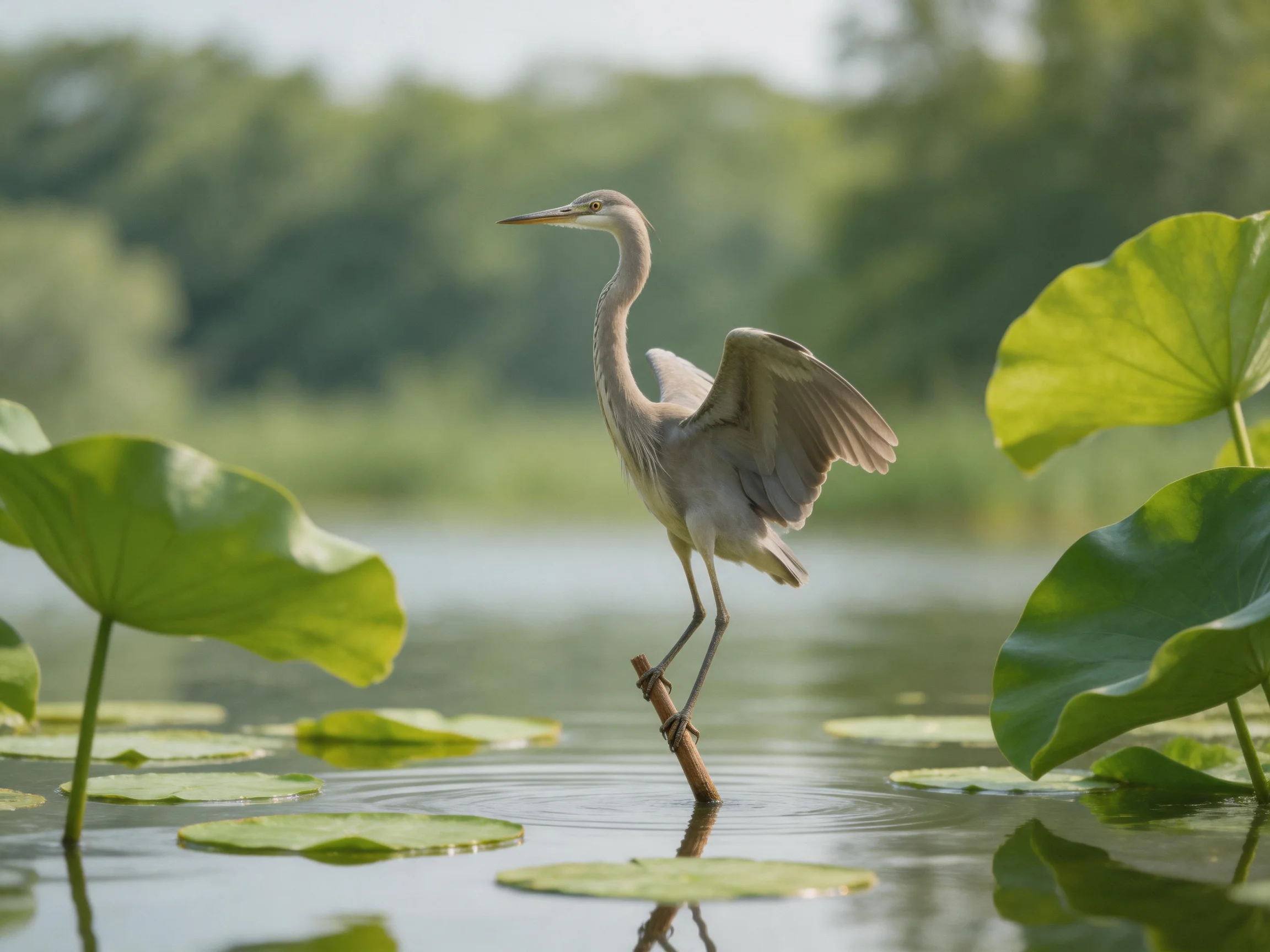 A gray heron stands on a branch among lily pads in tranquil water