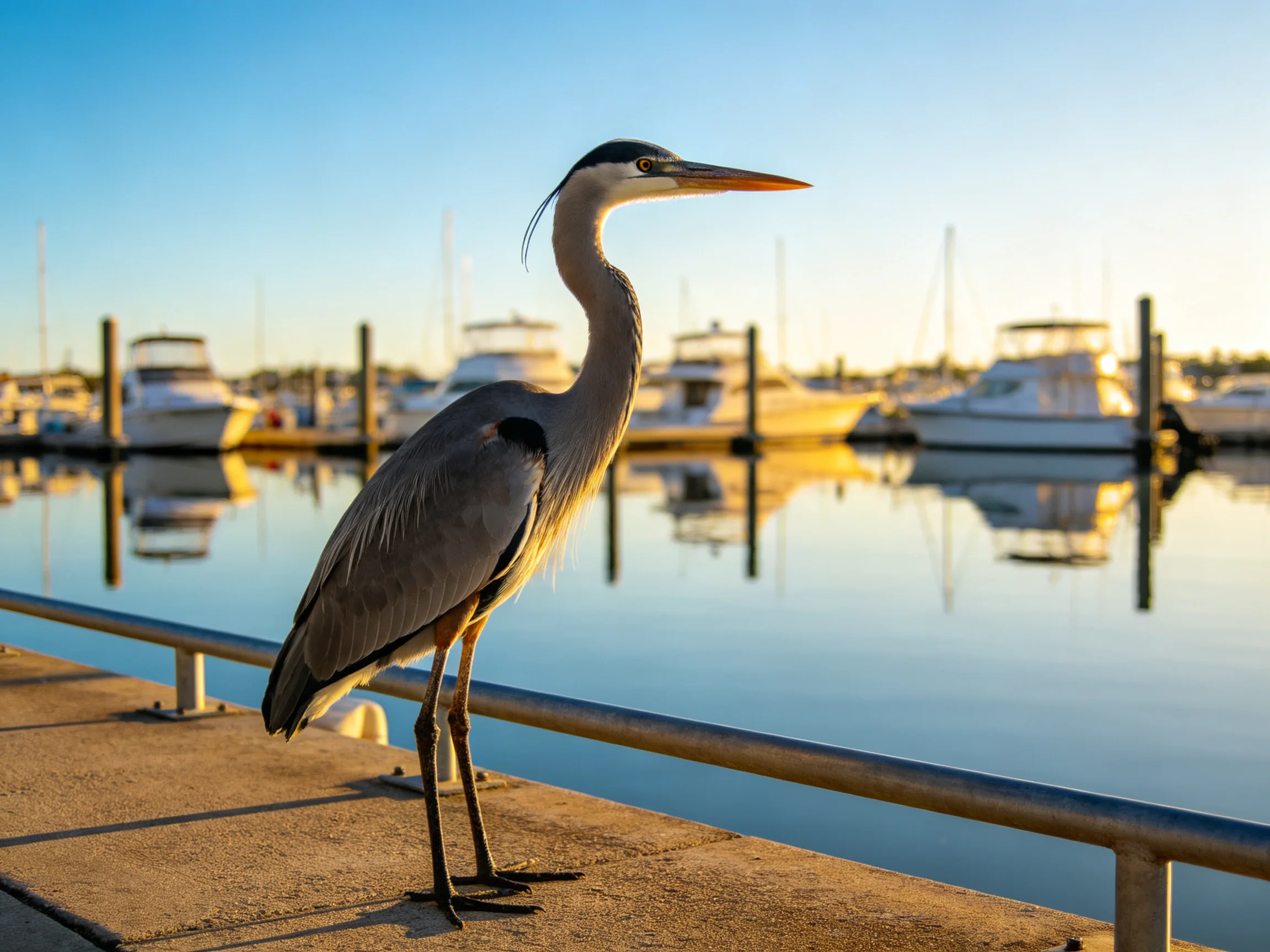 A gray heron stands on a marina dock with boats in the distance