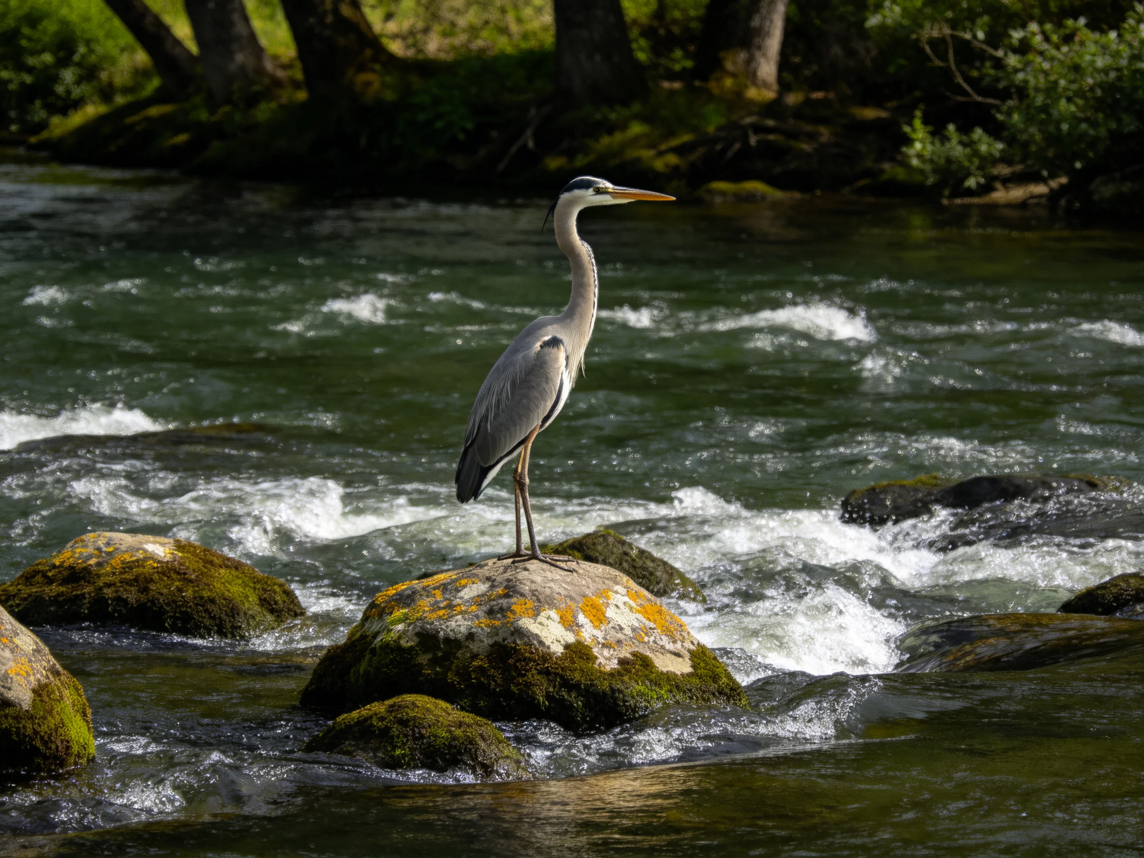 A gray heron stands on a mossy rock near rushing river waters