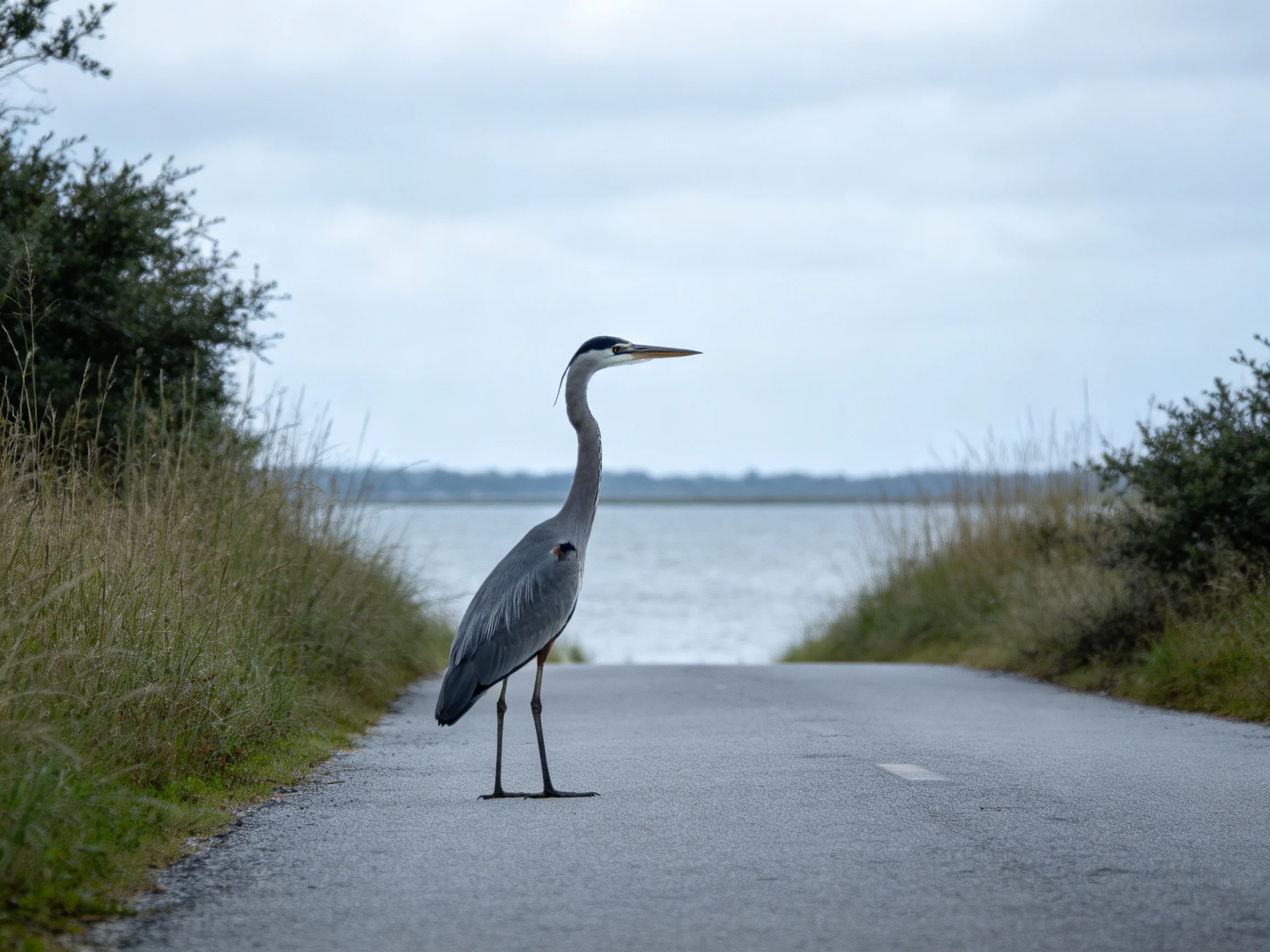 A gray heron stands on a paved road near calm waters