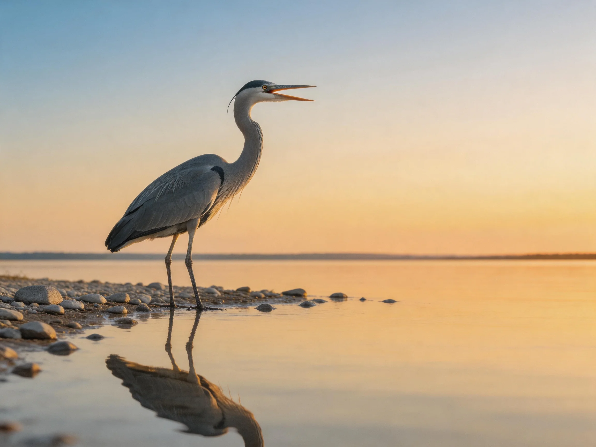 A gray heron stands on a pebbly shoreline at sunset