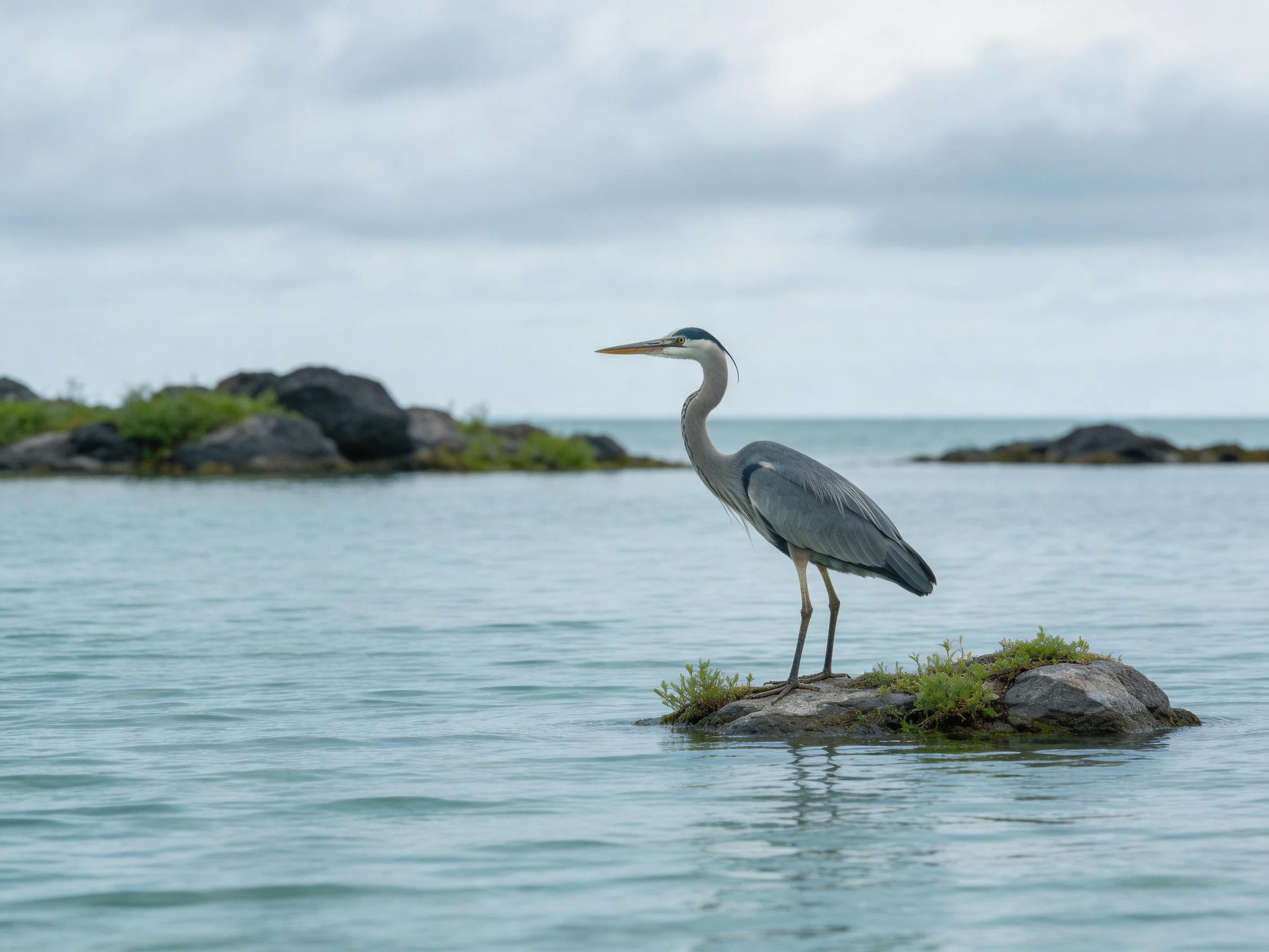 A gray heron stands on a rocky islet amid calm waters