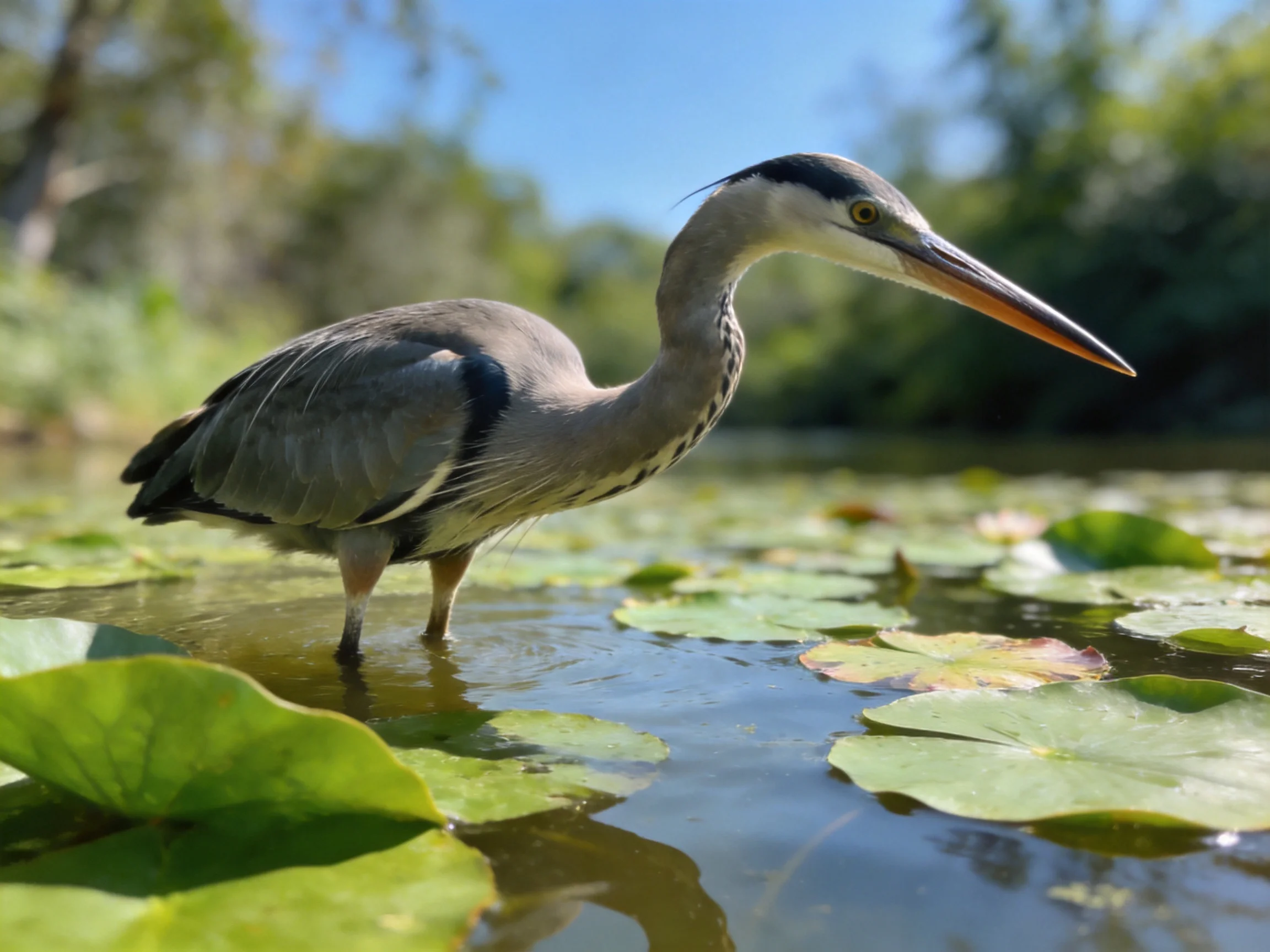 A gray heron wades among green lily pads in calm water