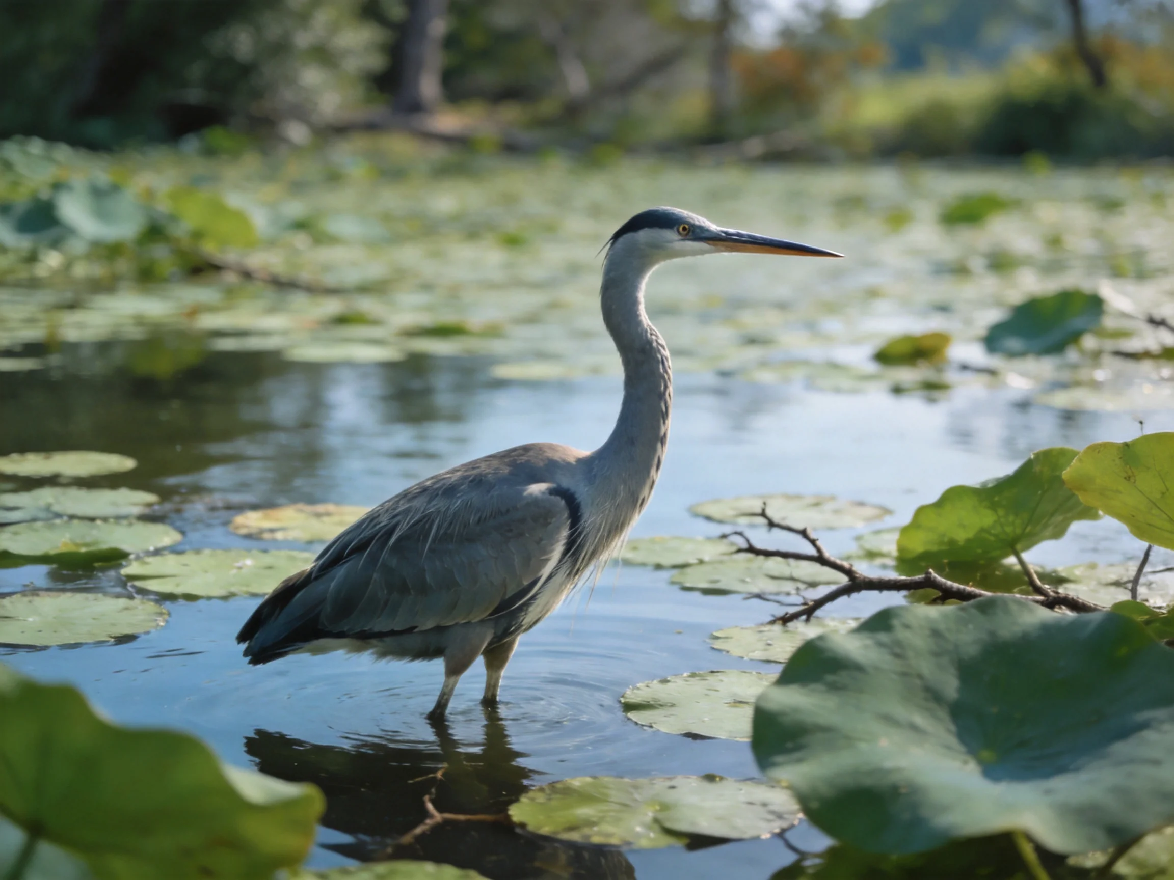 A gray heron wades among lily pads in a serene pond
