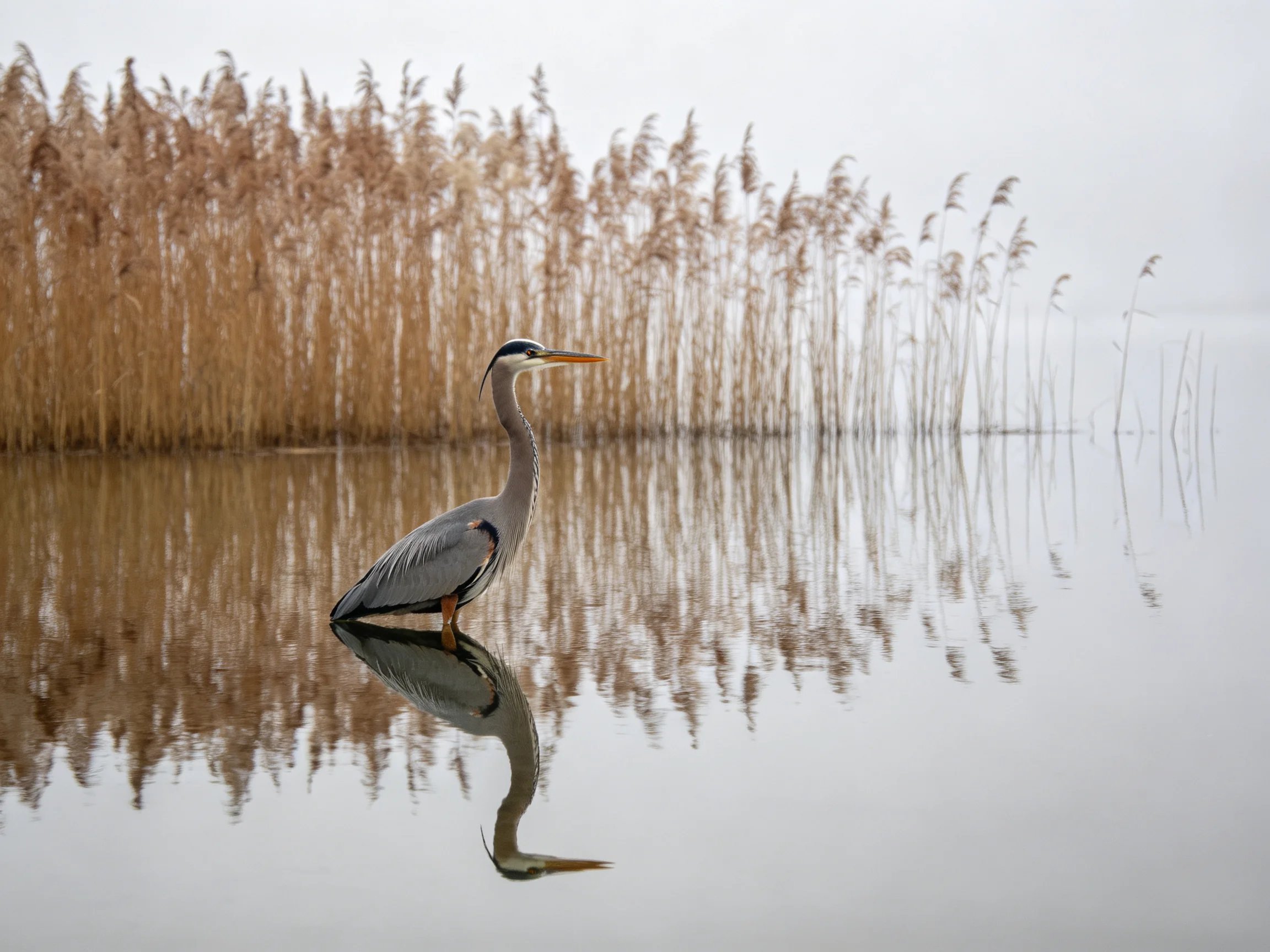 A gray heron wades in calm water beside golden reed beds