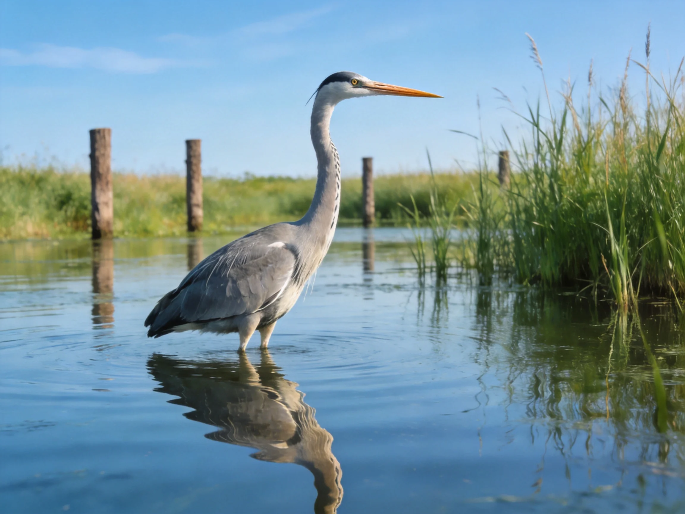 A gray heron wades in calm water near tall green reeds