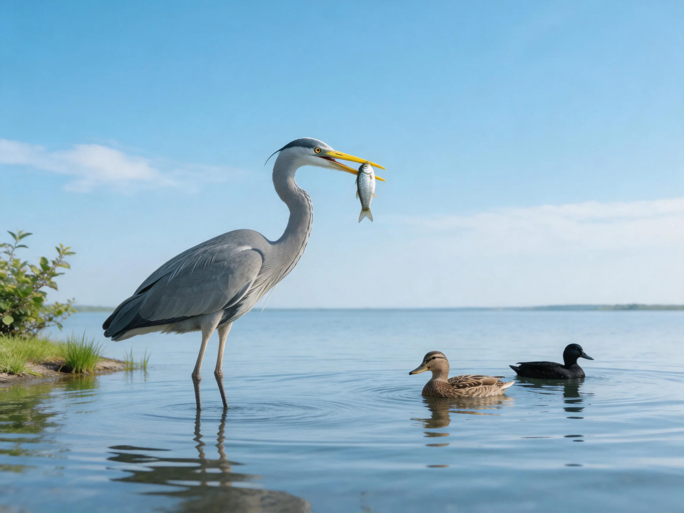 A gray heron with a fish stands by two ducks in calm water