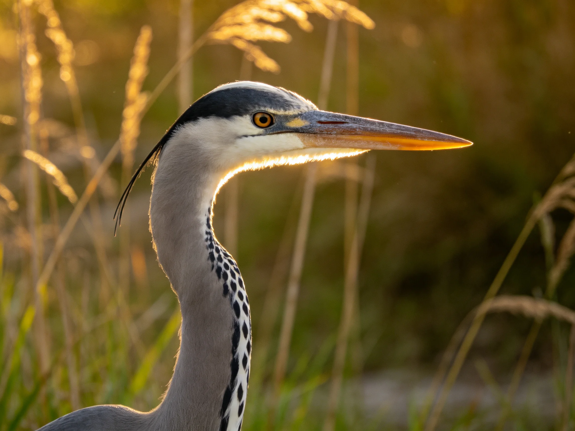A gray heron with long beak amid golden grasses