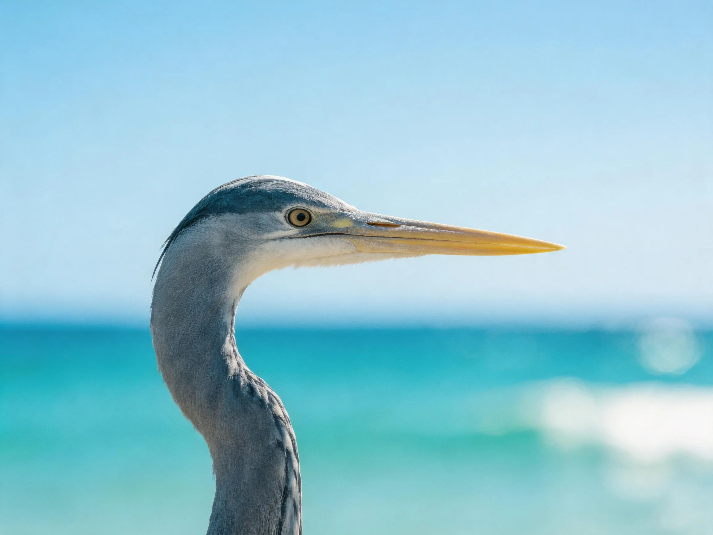 A gray heron with long yellow beak by turquoise ocean