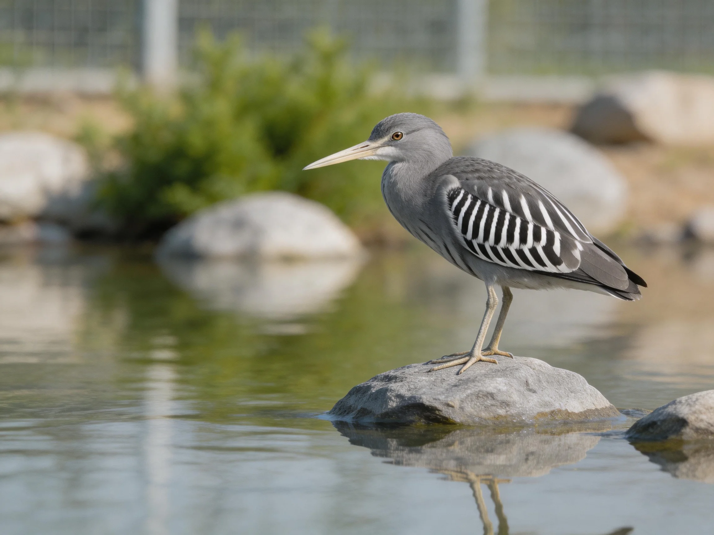 A gray heron with striped wings perches on a rock by calm water