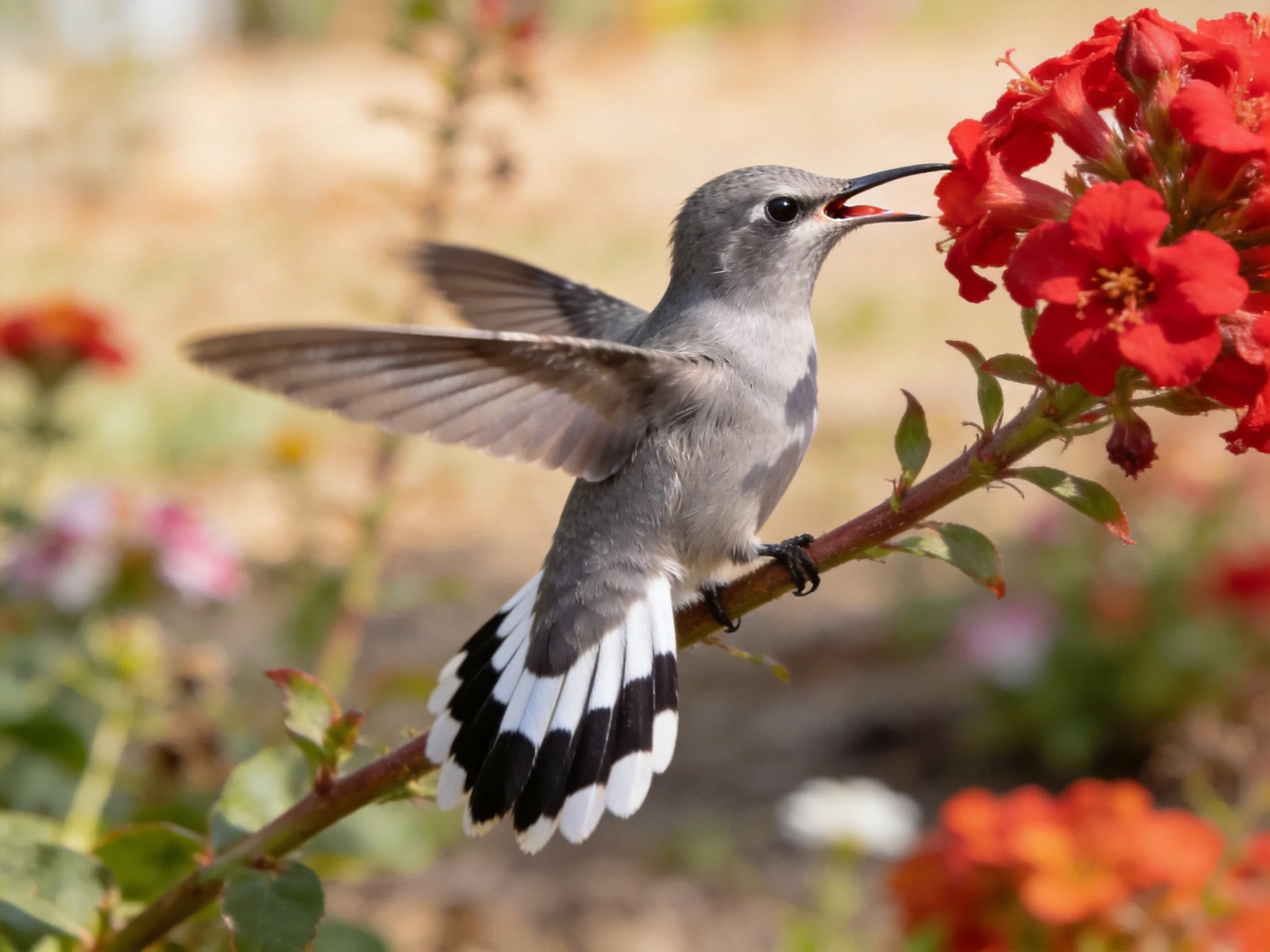 A gray hummingbird feeding from vibrant red blooms