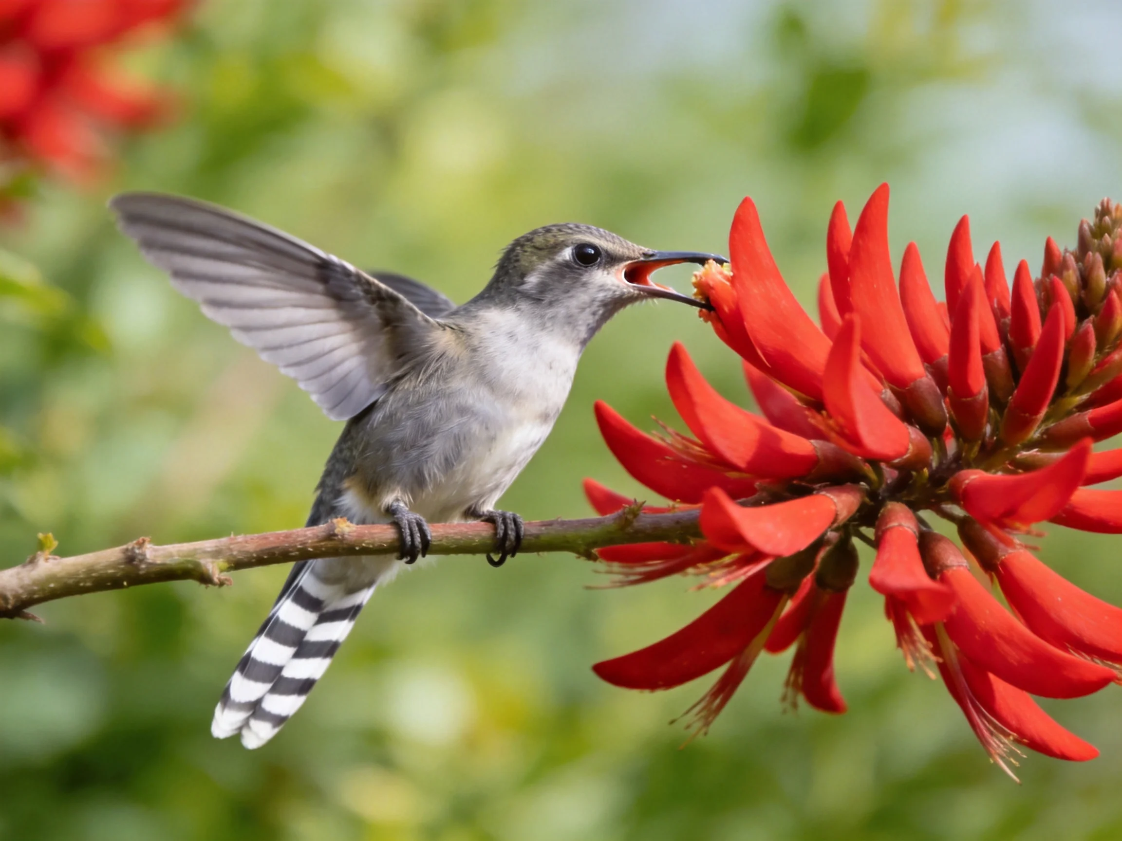 A gray hummingbird feeding from vibrant red blooms