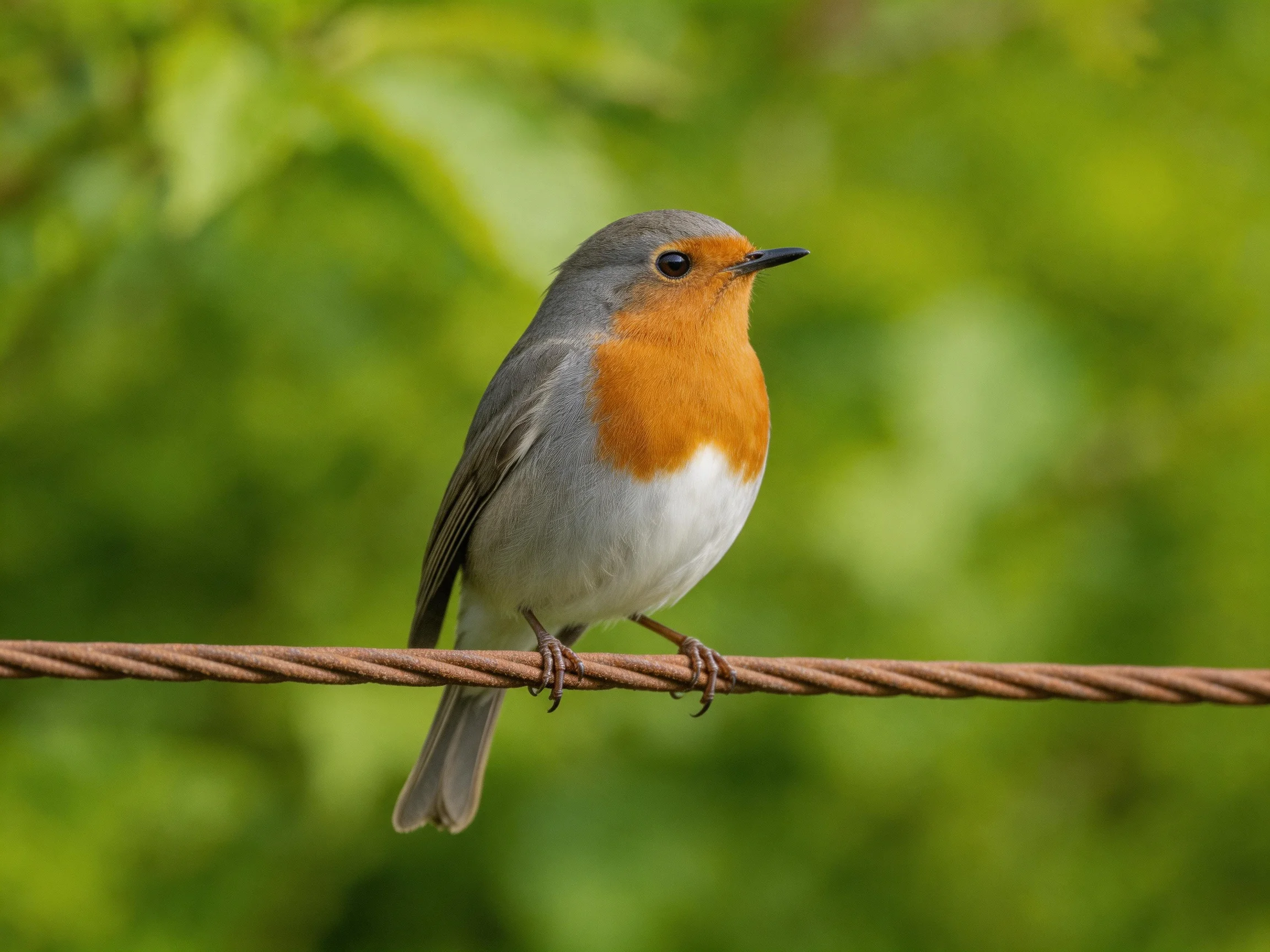 A gray, orange, and white bird perched on a brown rope