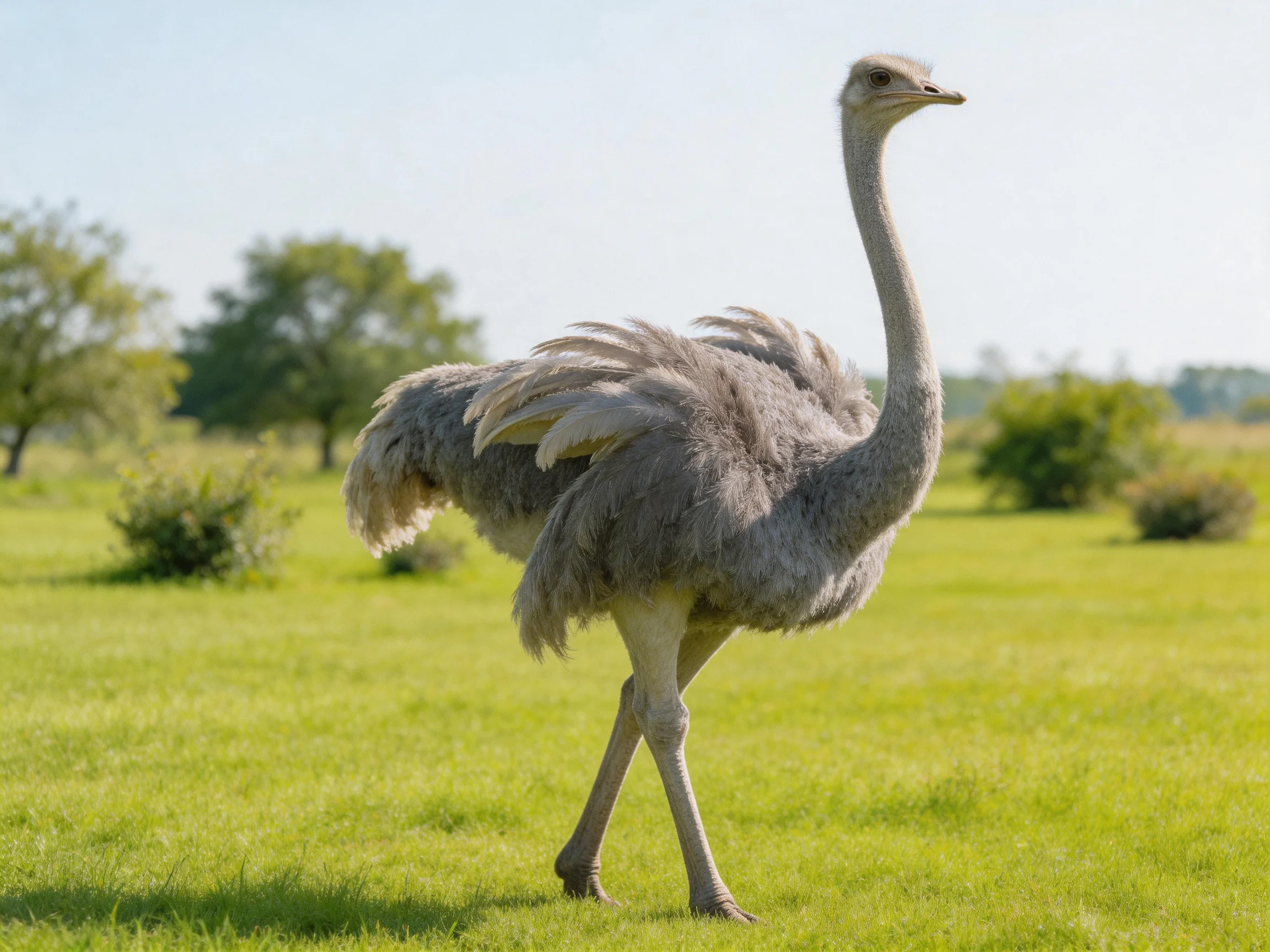 A gray ostrich walks through a sunny green meadow