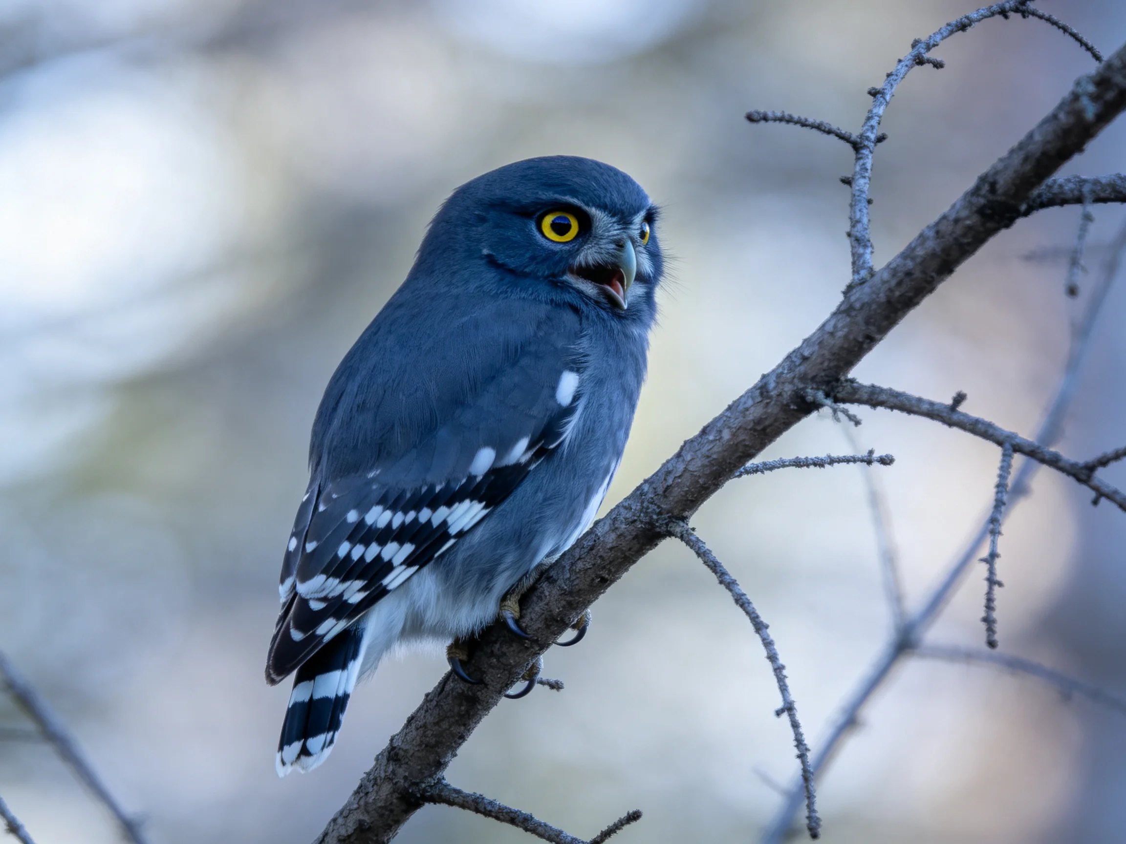 A gray owl with yellow eyes perches on a bare tree branch