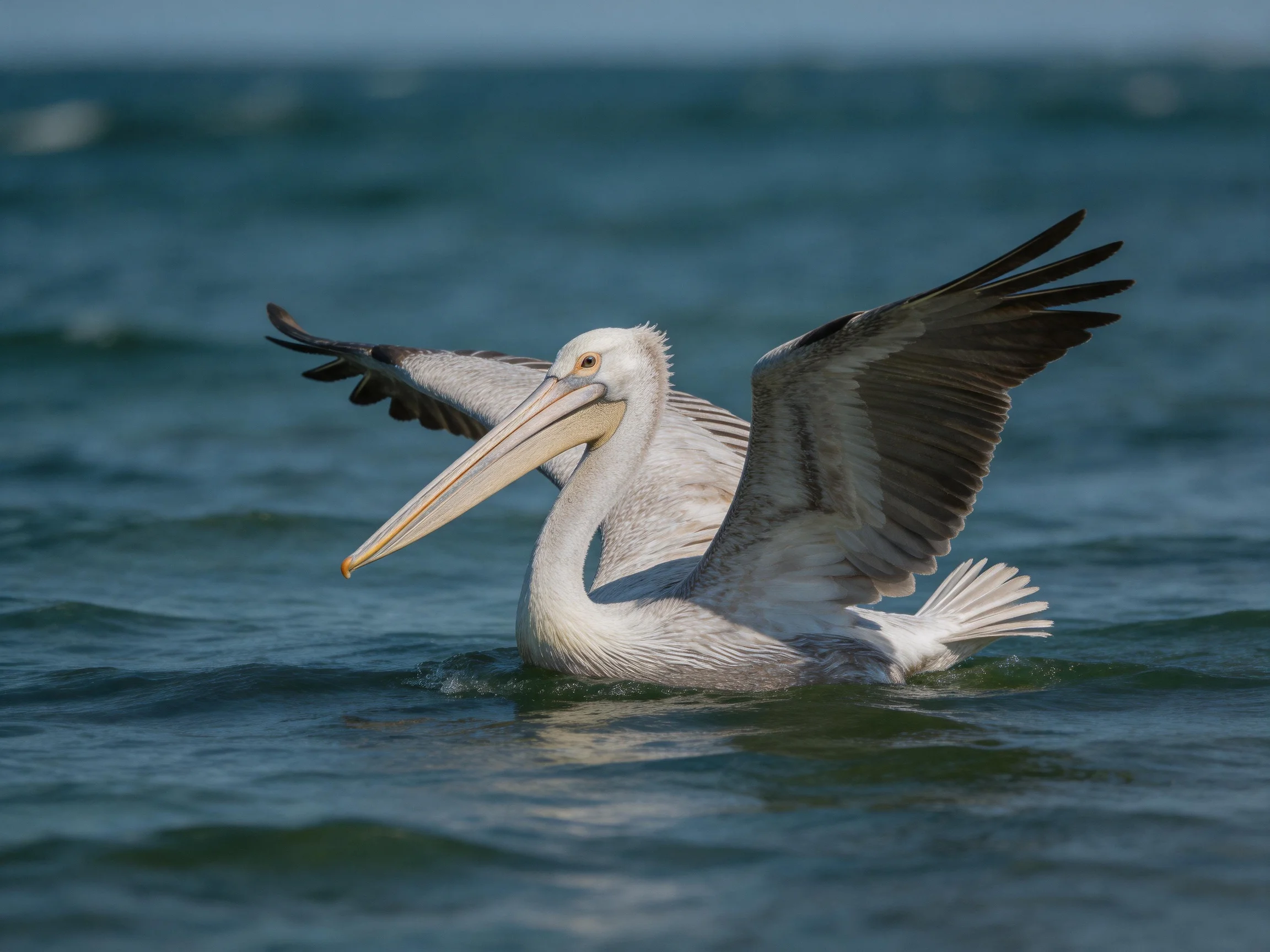 A gray pelican spreads wings in blue ocean water
