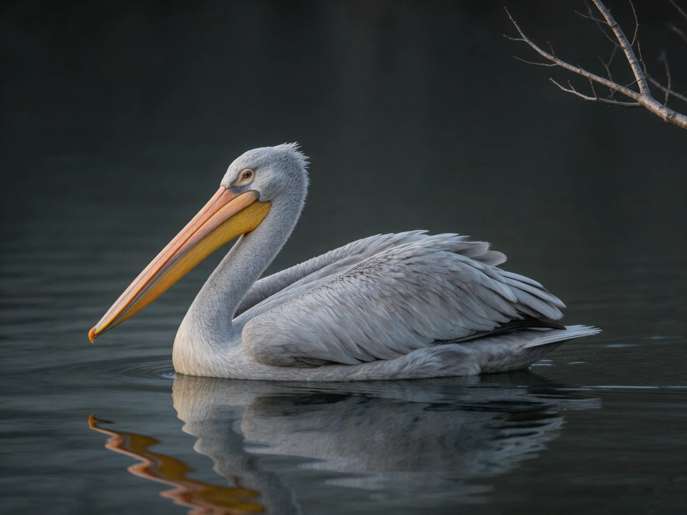 A gray pelican swims in calm water with an orange beak