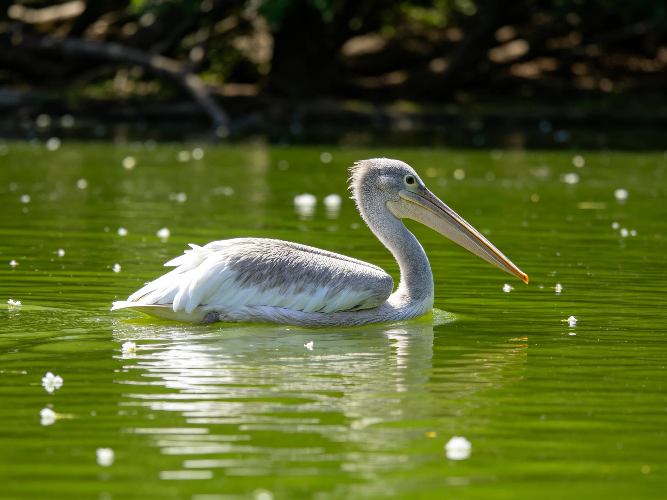 A gray pelican swims in clear green water near dark foliage