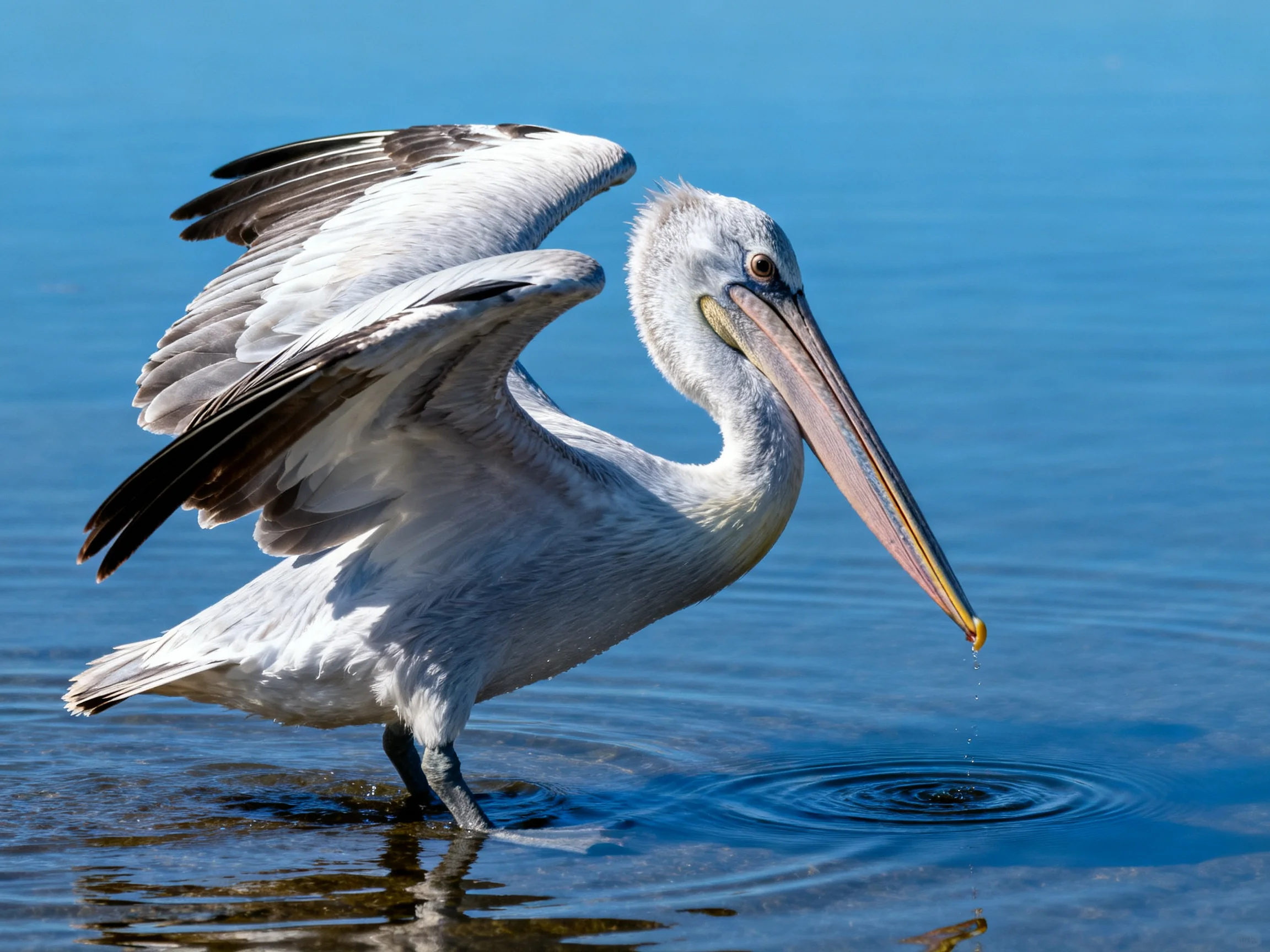 A gray pelican with outstretched wings in blue water