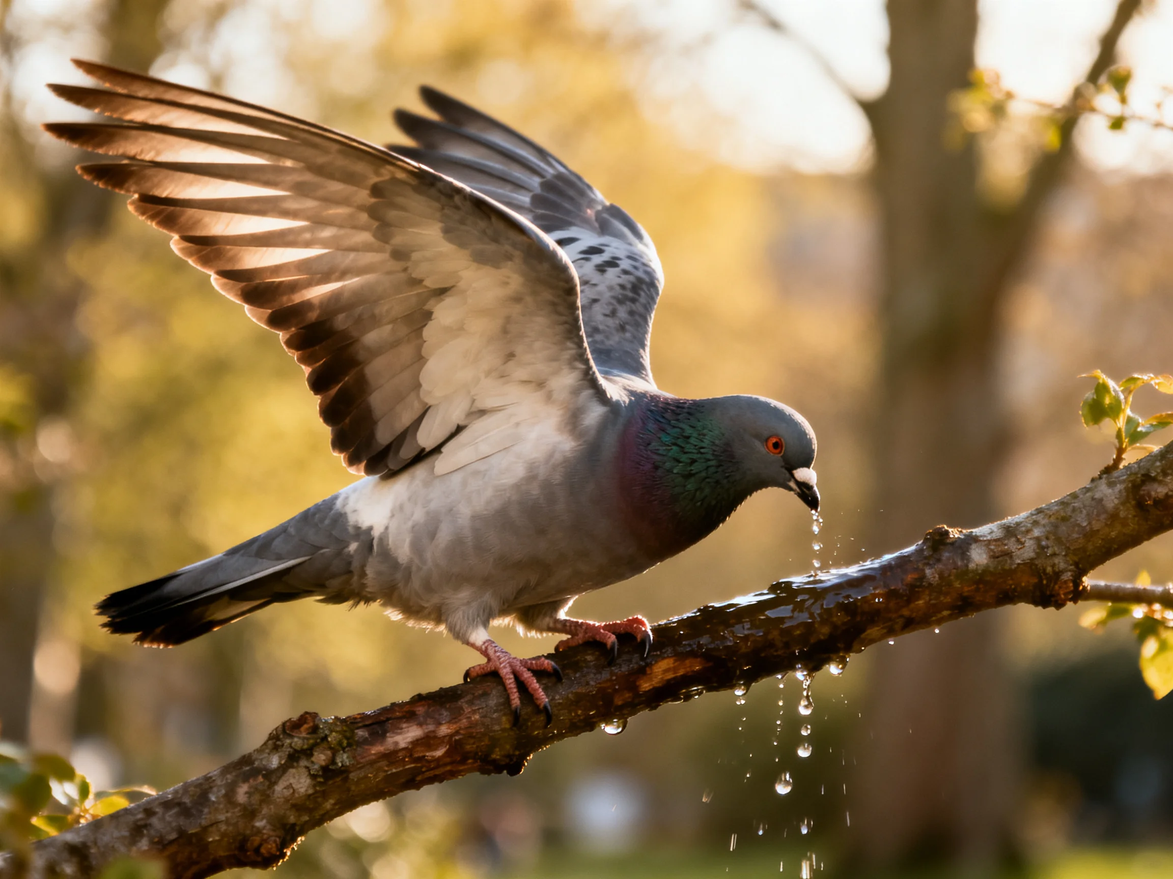 A gray pigeon drinks water on a tree branch with wings spread