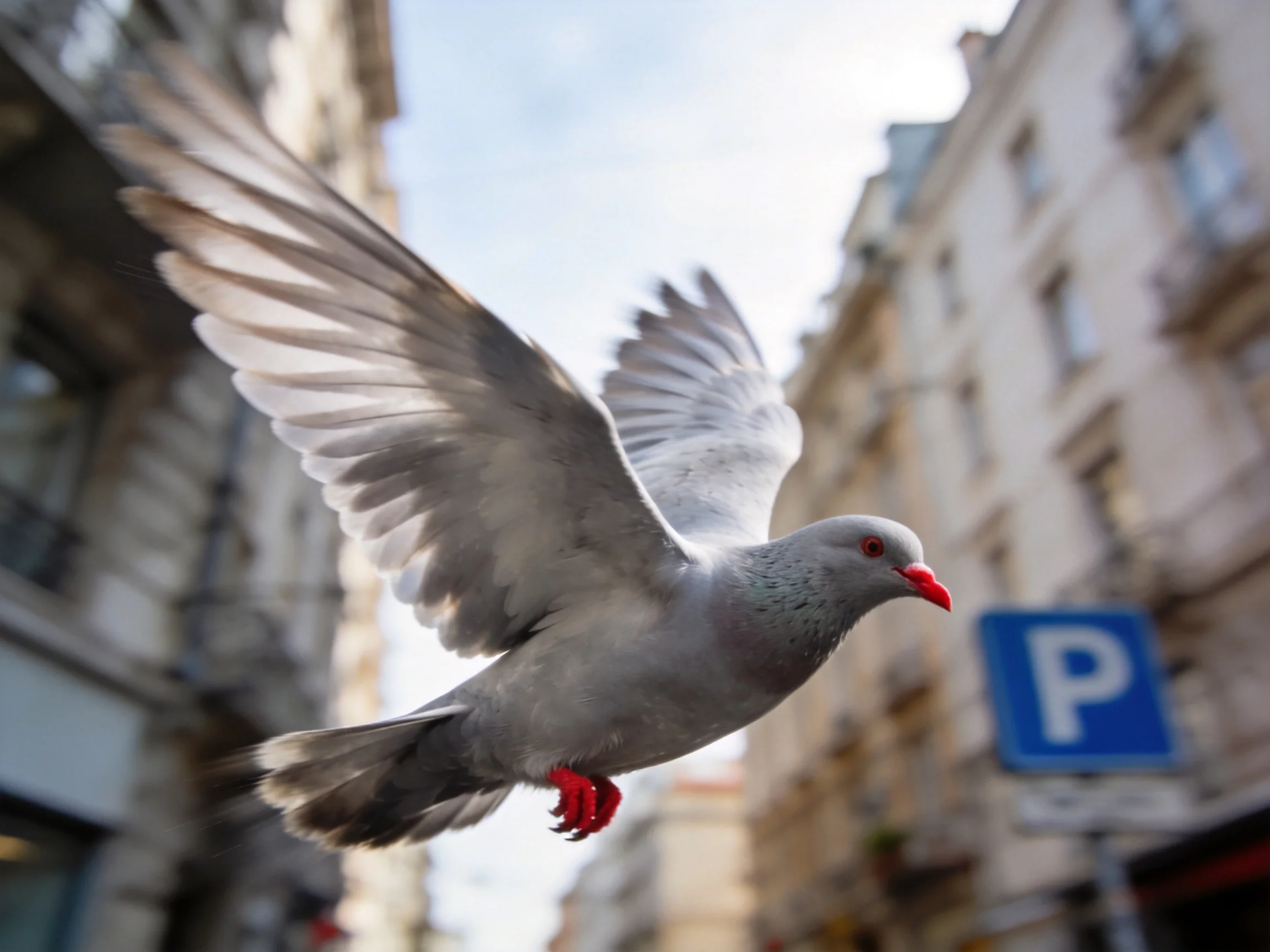 A gray pigeon flies near city buildings with a blue parking sign