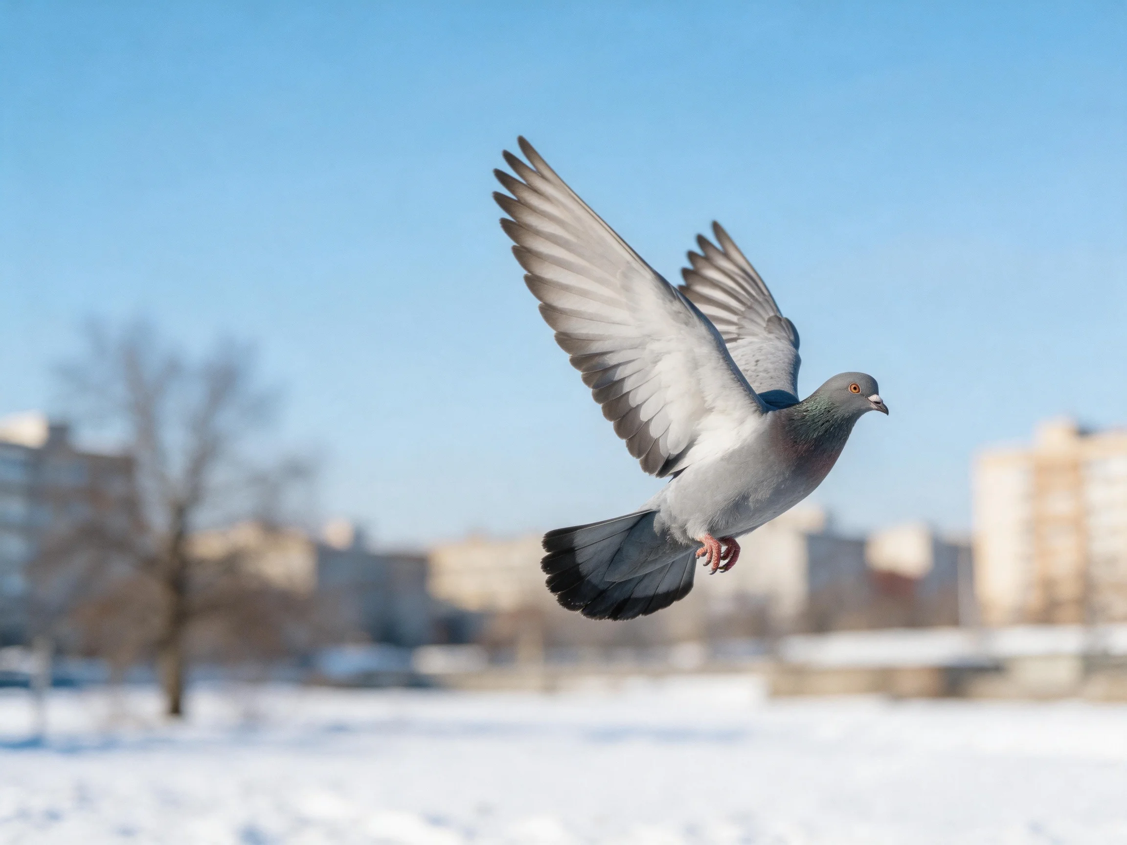A gray pigeon flies through a snowy urban setting