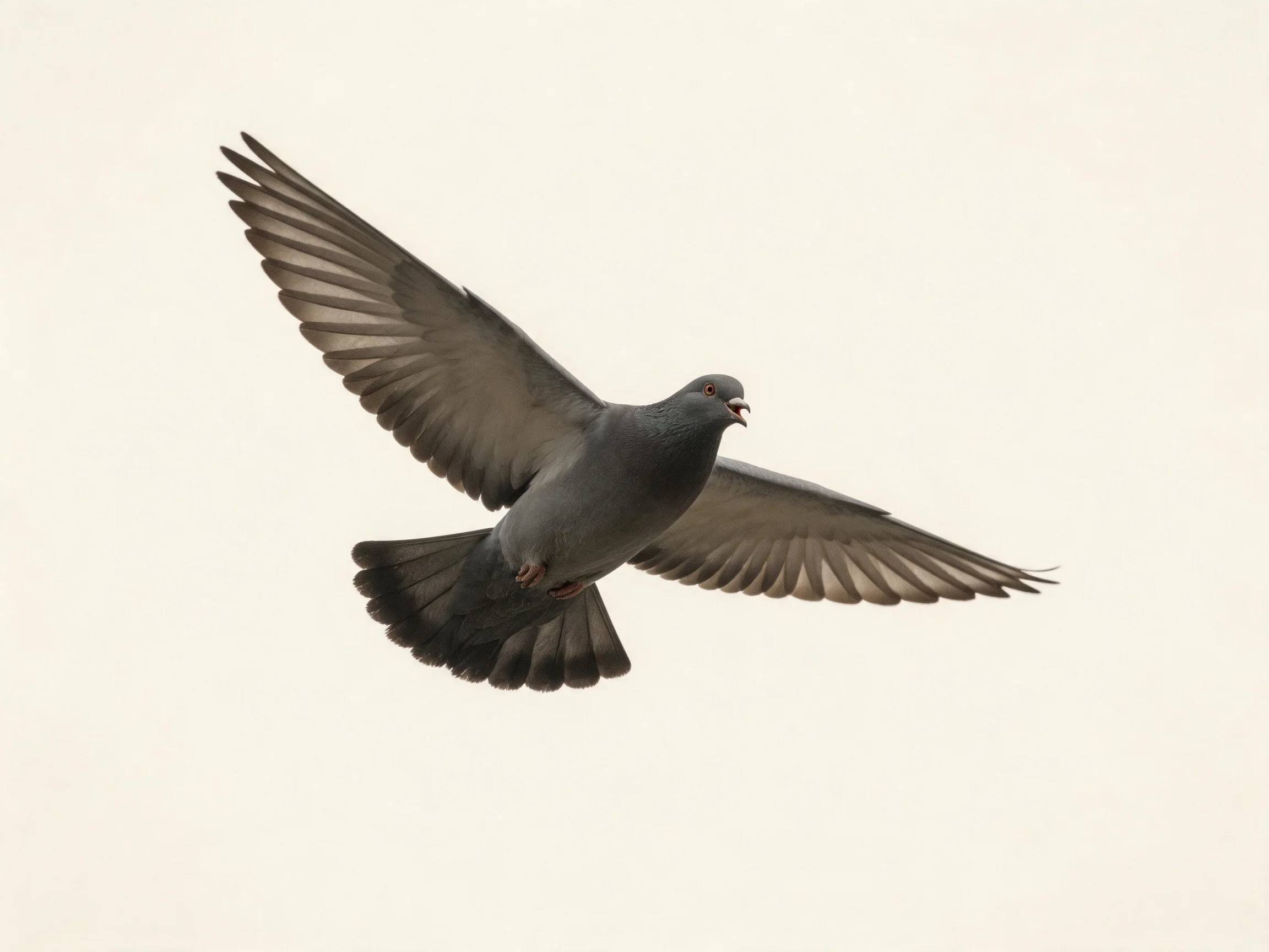 A gray pigeon flies with wings fully extended against a pale sky