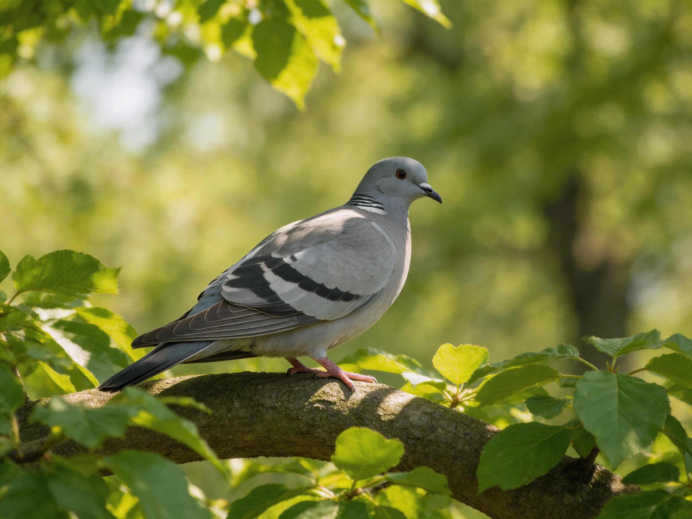 A gray pigeon perched on a tree branch among vibrant green foliage