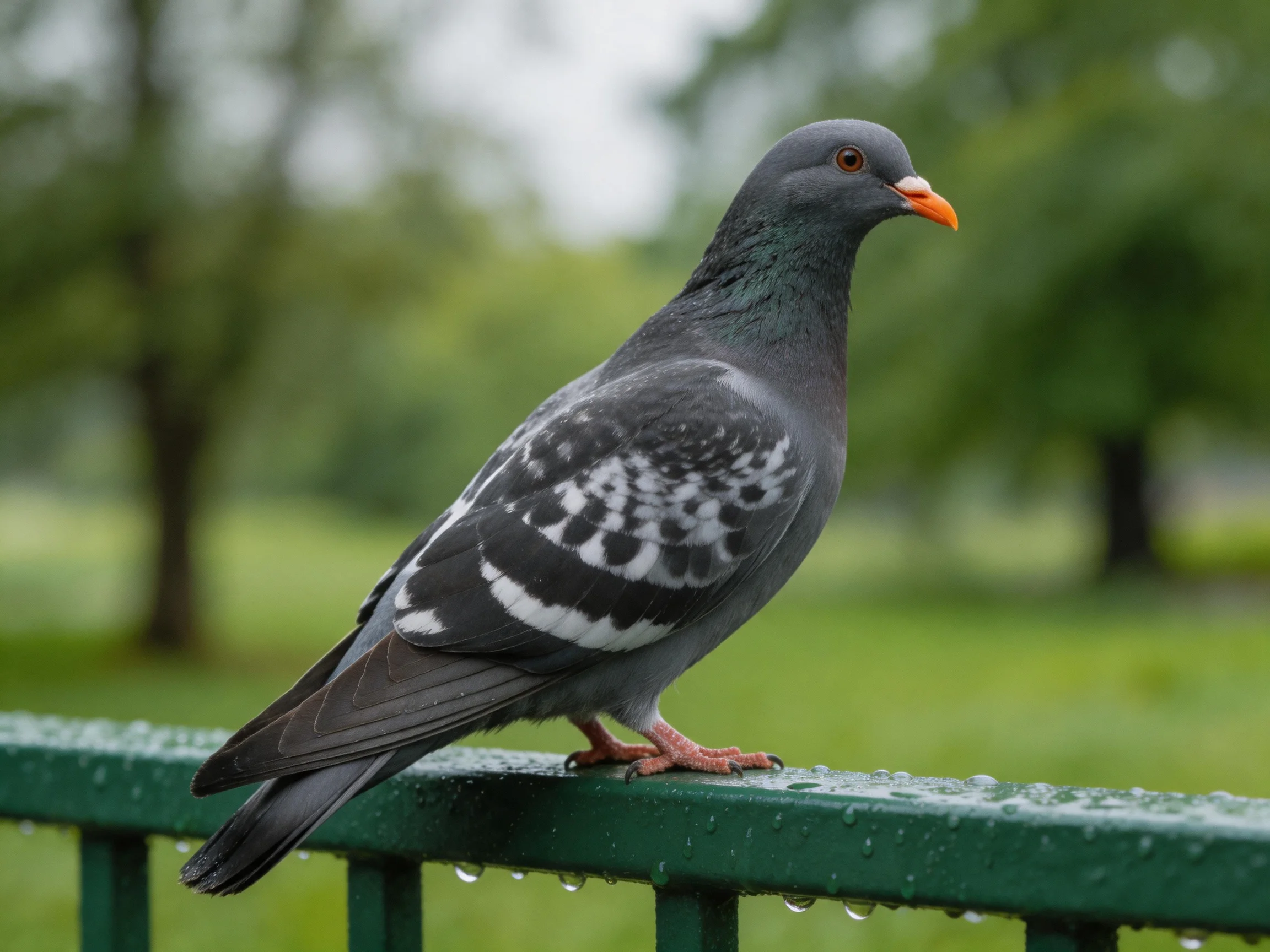 A gray pigeon perched on a wet green fence in a verdant park